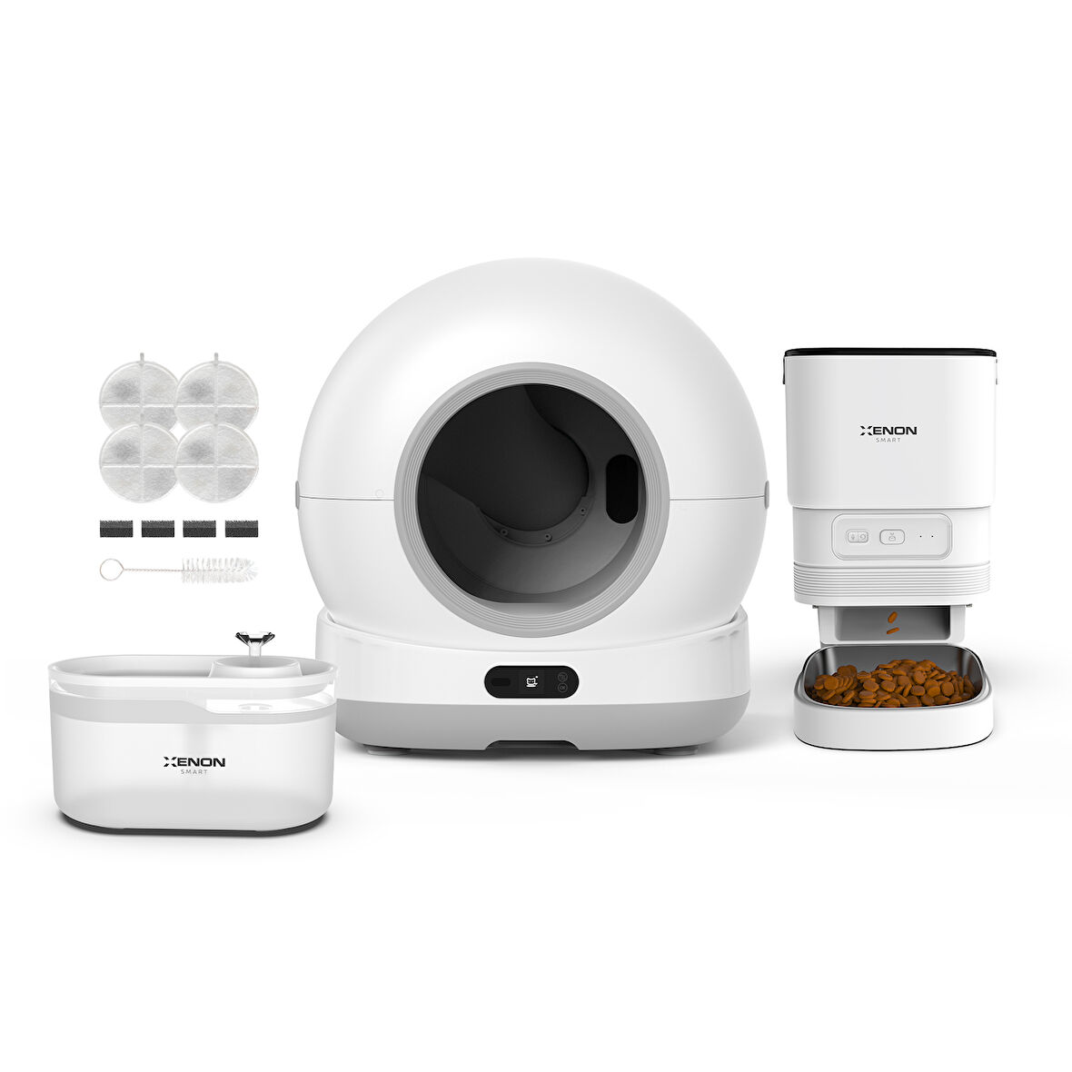 Xenon Smart Akıllı Otomatik Kameralı Kedi Tuvaleti Paslanmaz Çelik Kaseli Mama Kabı Led Işıklı Su Pınarı ve Filtre 4'lü Pet Seti