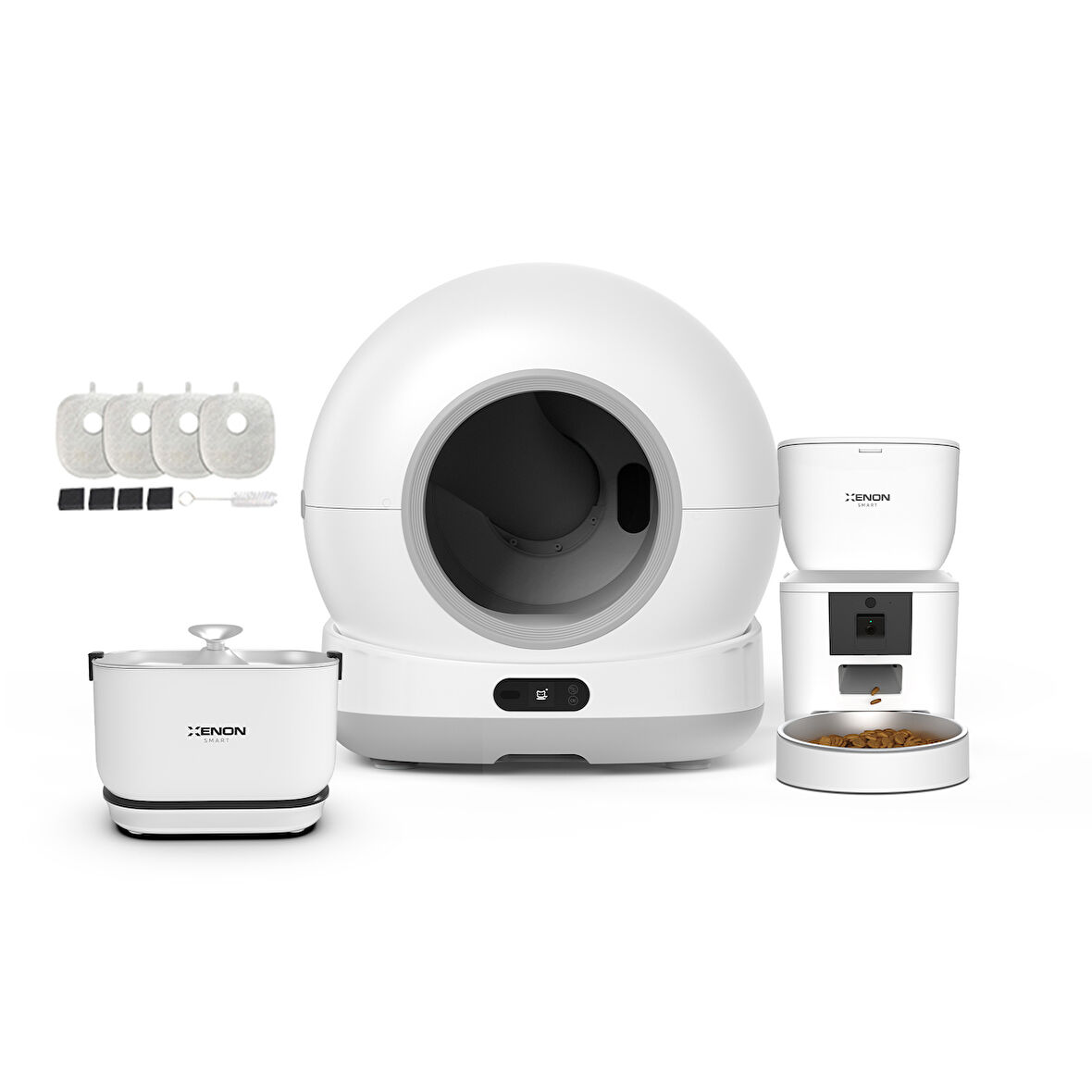 Xenon Smart Akıllı Otomatik Kameralı Kedi Tuvaleti Paslanmaz Çelik Kaseli 4LT Mama Kabı Bataryalı Su Pınarı ve Filtre 4'lü Pet Seti
