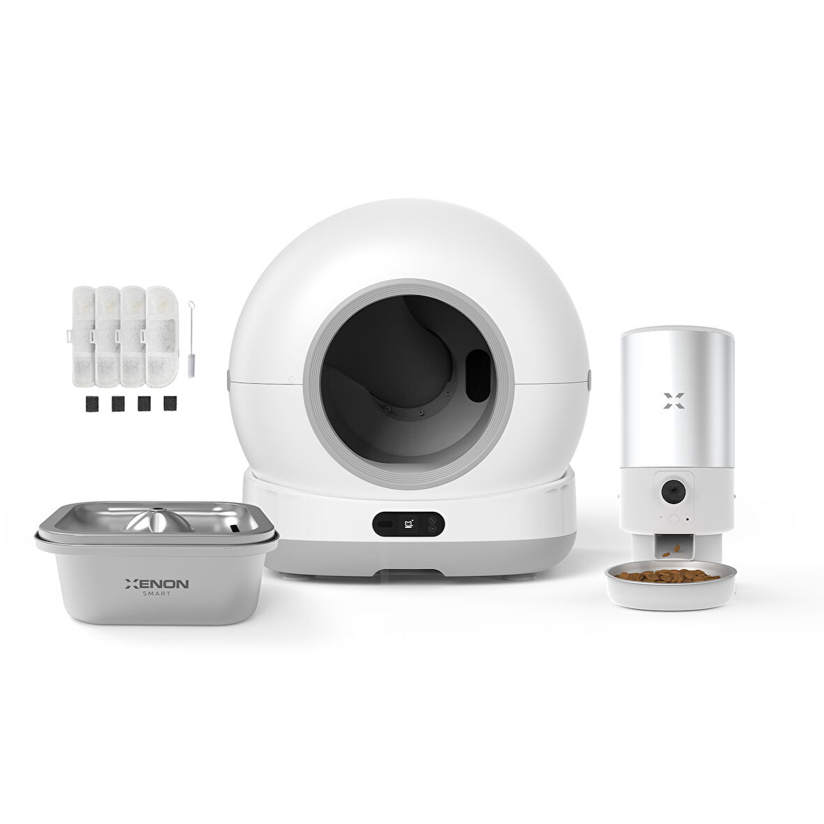 Xenon Smart Akıllı Otomatik Kedi Tuvaleti Paslanmaz Çelik Kaseli 5LT Mama Kabı Çelik Hazneli Su Pınarı ve Filtre 4'lü Pet Seti