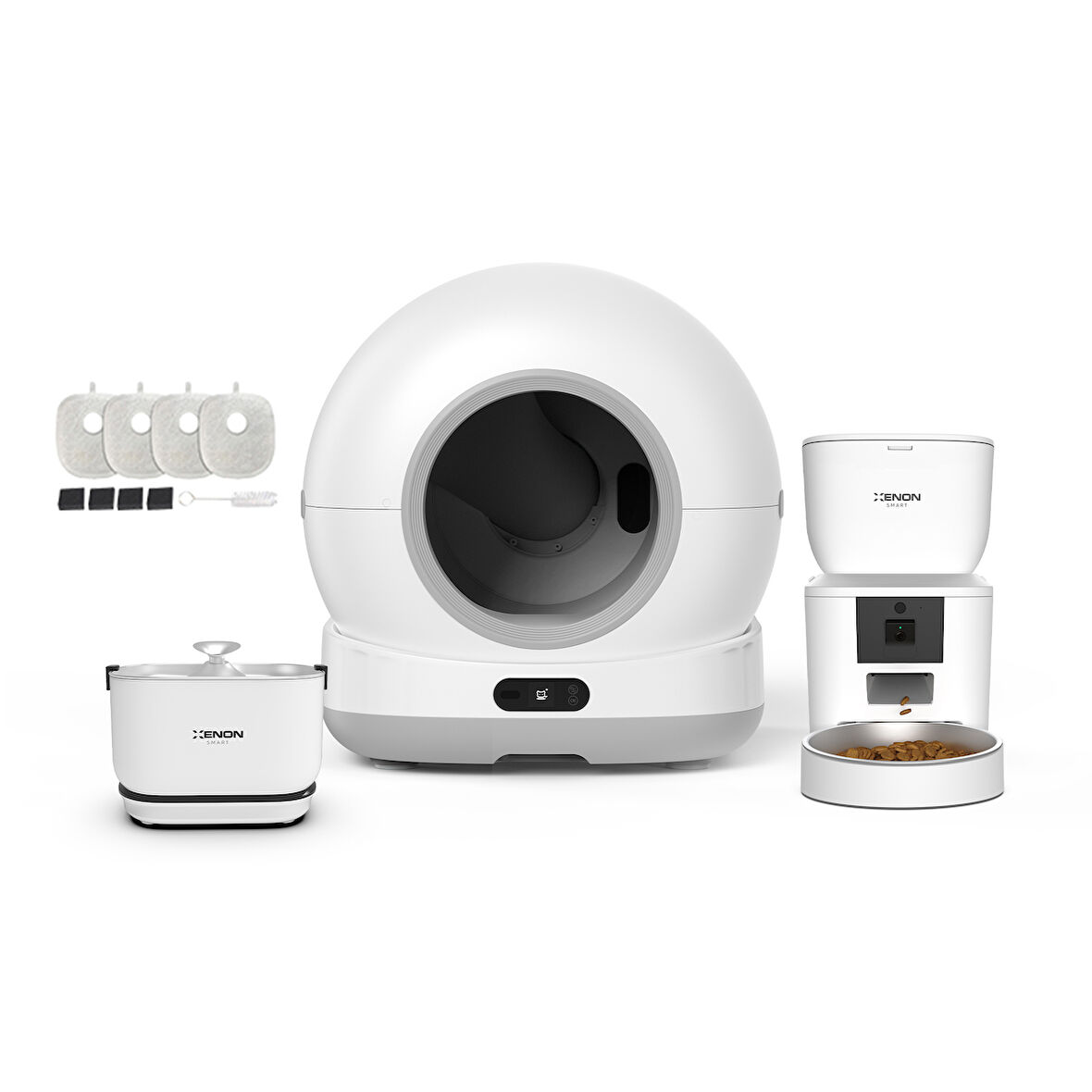Xenon Smart Akıllı Otomatik Kedi Tuvaleti Paslanmaz Çelik Kaseli 4LT Hazneli Mama Kabı Bataryalı Su Pınarı ve Filtre 4'lü Pet Seti