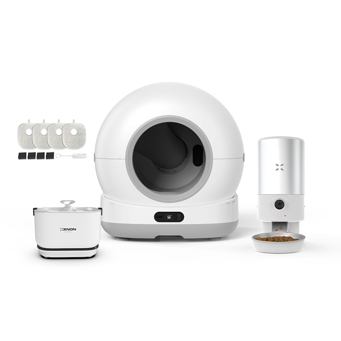 Xenon Smart Akıllı Otomatik Kedi Tuvaleti Paslanmaz Çelik Kaseli 5LT Hazneli Mama Kabı Bataryalı Su Pınarı ve Filtre 4'lü Pet Seti