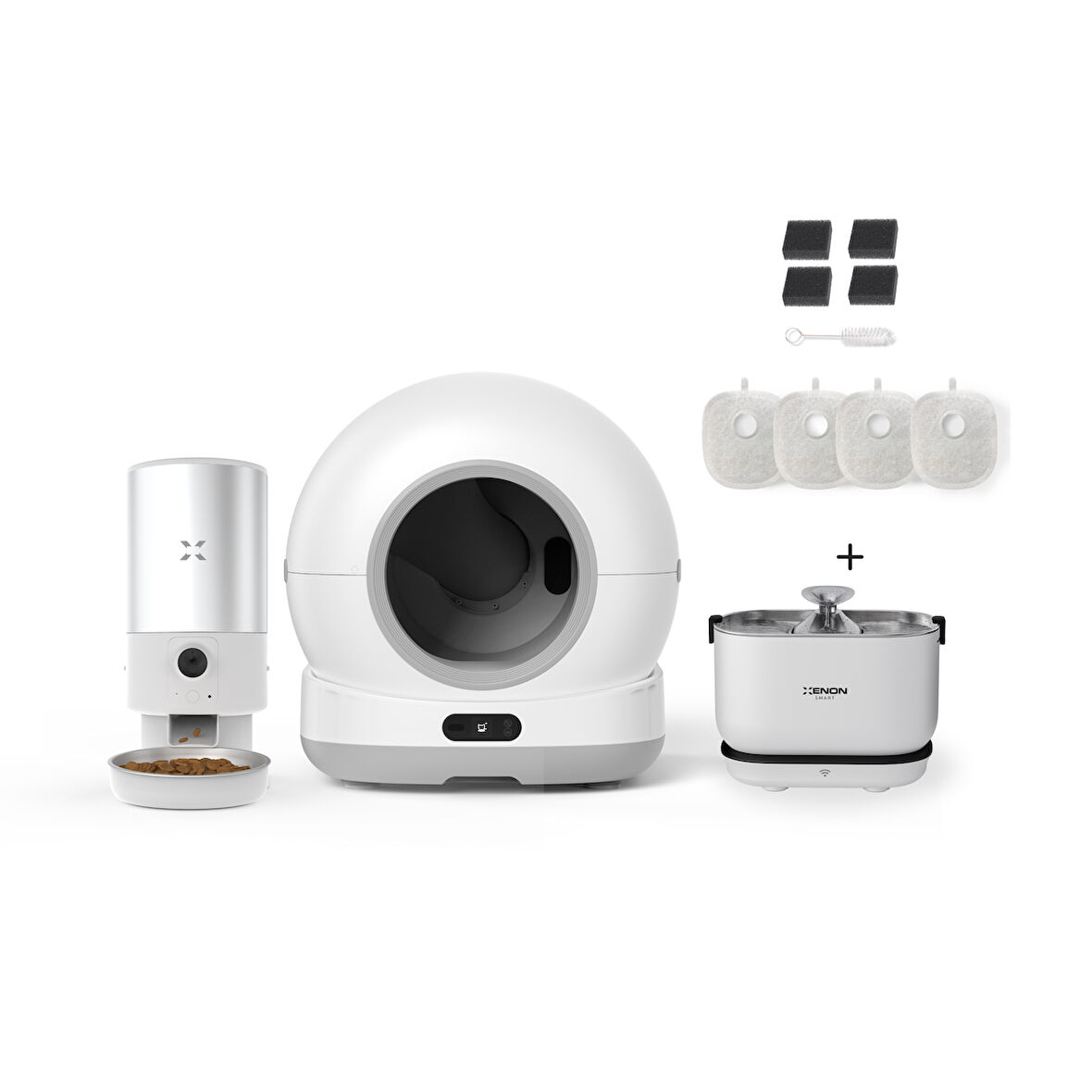 Xenon Smart Akıllı Otomatik Kameralı Kedi Tuvaleti Paslanmaz Çelik Kaseli 5LT Mama Kabı Akıllı Bataryalı Su Pınarı ve Filtre 4'lü Pet Seti