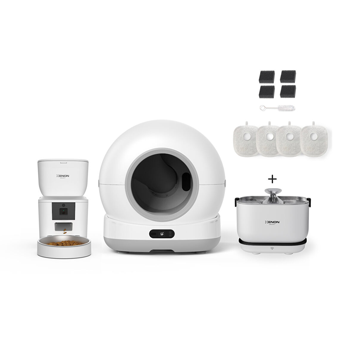Xenon Smart Akıllı Otomatik Kameralı Kedi Tuvaleti Paslanmaz Çelik Kaseli 4LT Mama Kabı Akıllı Bataryalı Su Pınarı ve Filtre 4'lü Pet Seti