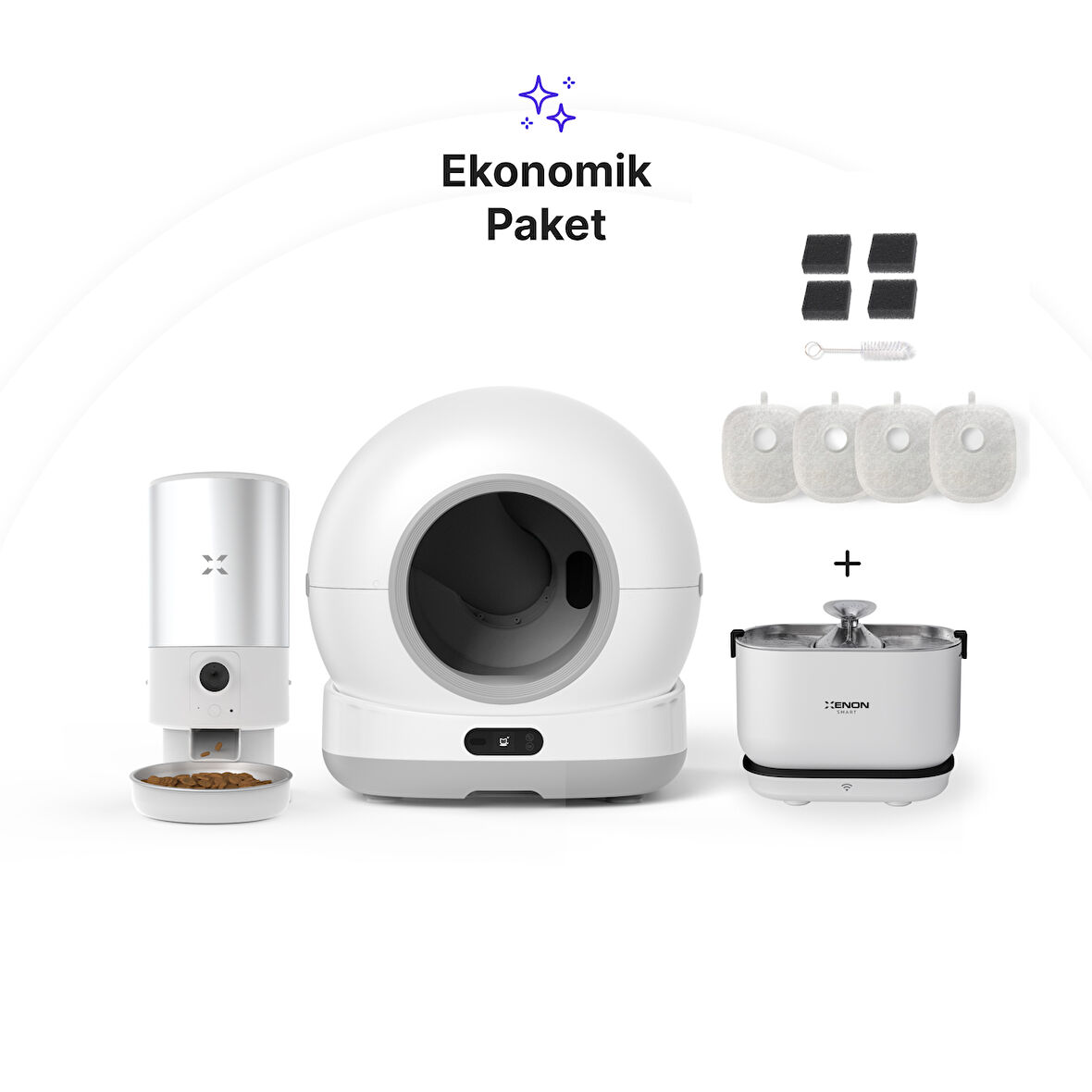 Xenon Smart Akıllı Otomatik Kamerasız Kedi Tuvaleti Paslanmaz Çelik Kaseli 5LT Mama Kabı Akıllı Bataryalı Su Pınarı ve Filtre 4'lü Pet Seti