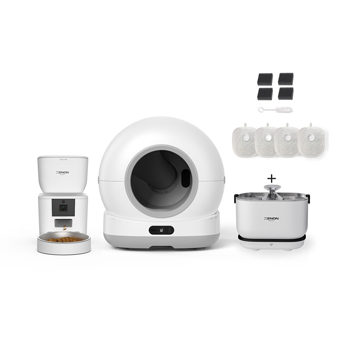 Xenon Smart Akıllı Otomatik Kamerasız Kedi Tuvaleti Paslanmaz Çelik Kaseli 4LT Mama Kabı Akıllı Bataryalı Su Pınarı ve Filtre 4'lü Pet Seti