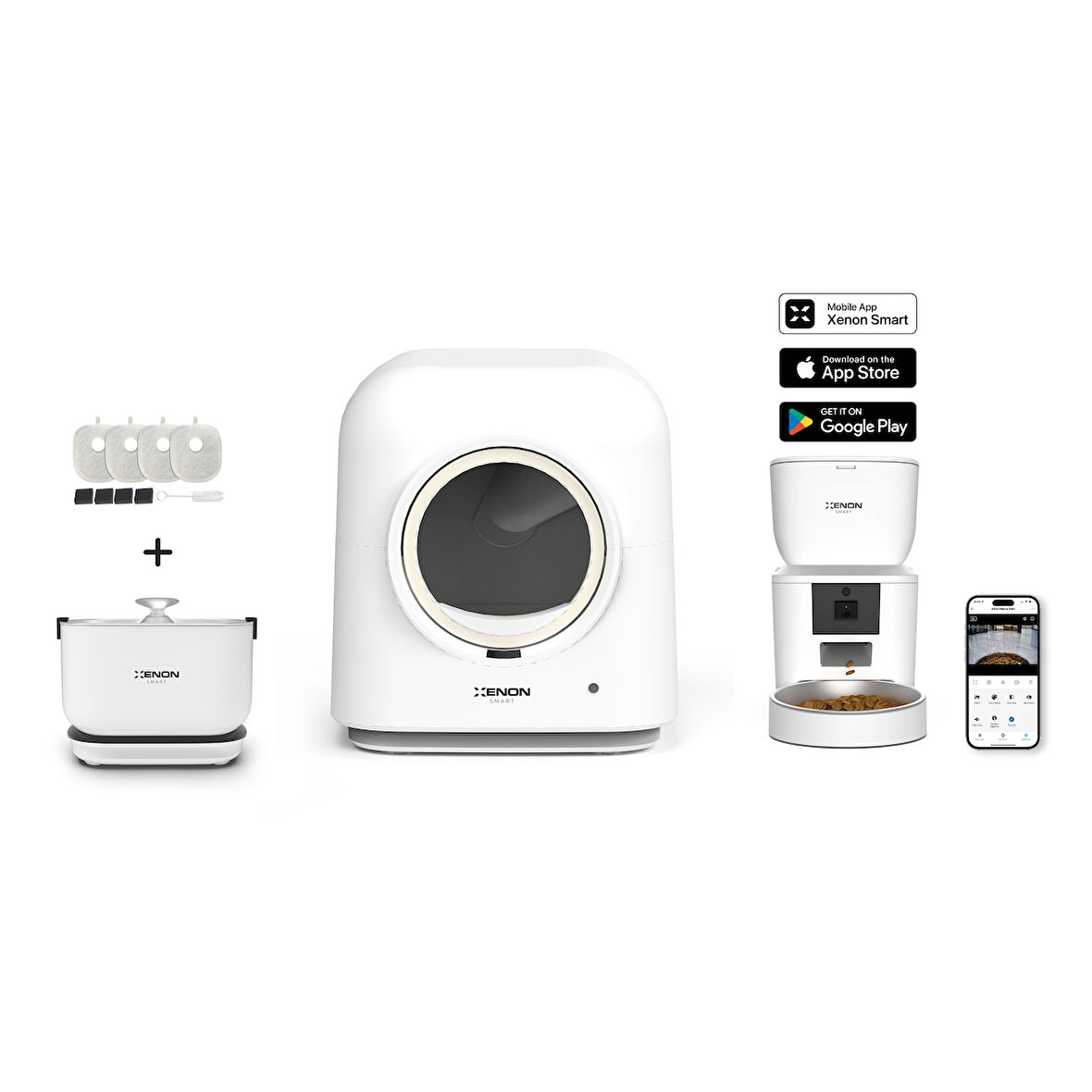 Xenon Smart Akıllı Otomatik Kedi Tuvaleti 4LT Çelik Hazneli Kameralı Mama Kabı Bataryalı Su Pınarı ve Yedek Filtre Pet Seti