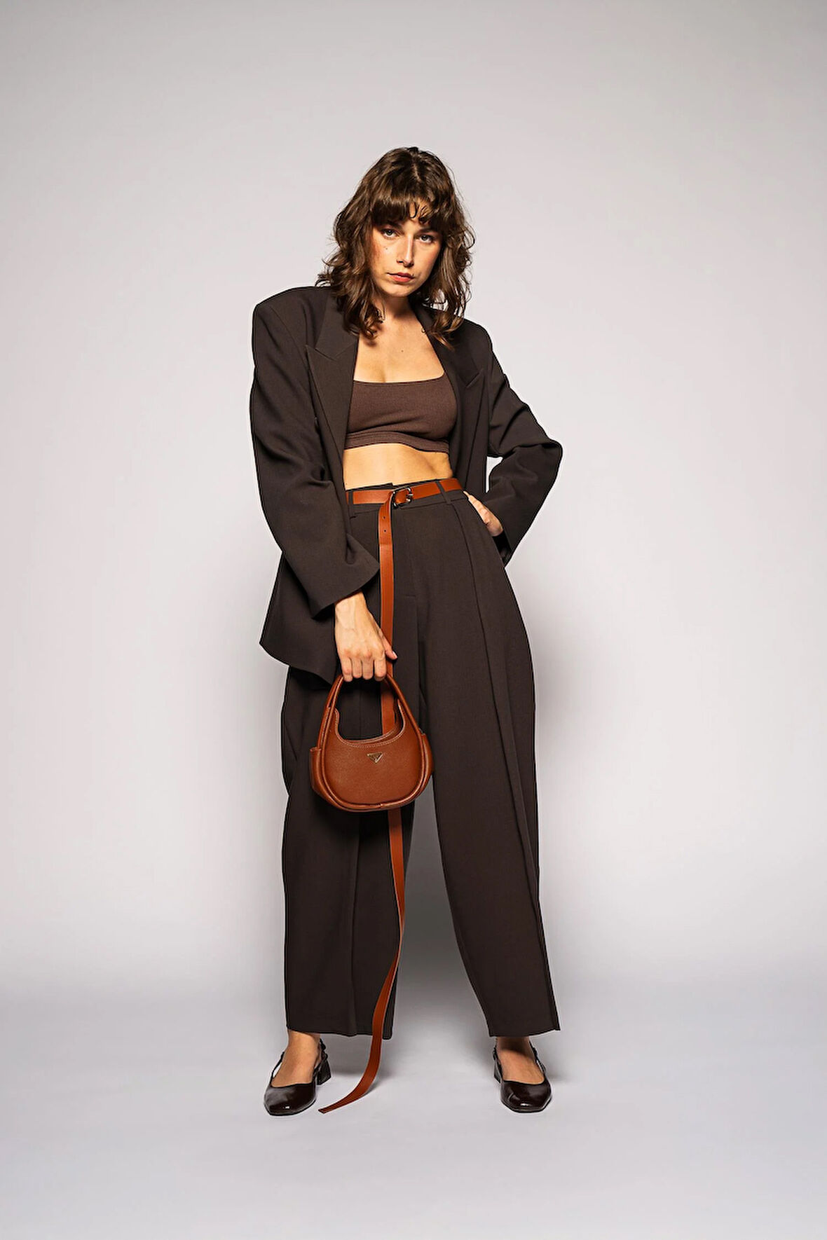 Kadın Kahverengi Basene Oturan Oversize Blazer