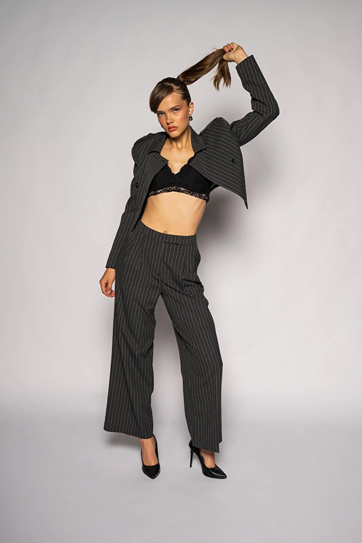 Kadın Antrasit Yüksek Bel Çizgili Bol Paça Pantolon
