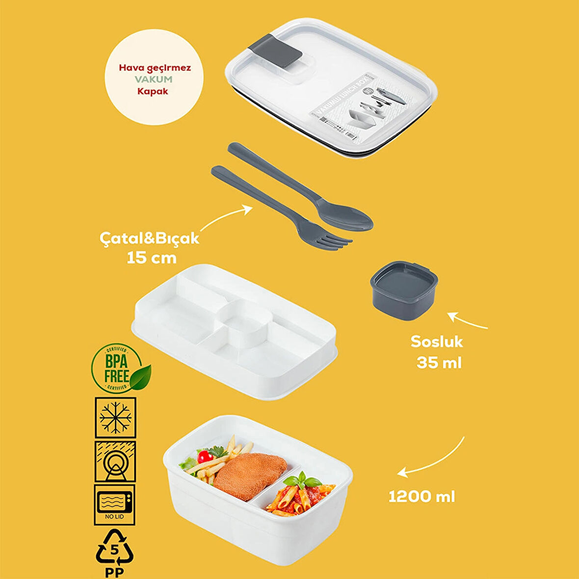 Porsima 3192 Vakumlu Kendinden Kaşık Çatallı Sosluklu Bölmeli Beslenme Çantası - Taşınabilir 2 Katlı Lunch Box - Sefer Tası 1200 Ml Beyaz