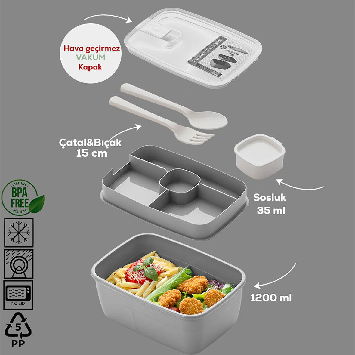 Porsima 3194 Vakumlu Kendinden Kaşık Çatallı Sosluklu Bölmeli Beslenme Çantası - Taşınabilir 2 Katlı Lunch Box - Sefer Tası 1200 Ml Gri