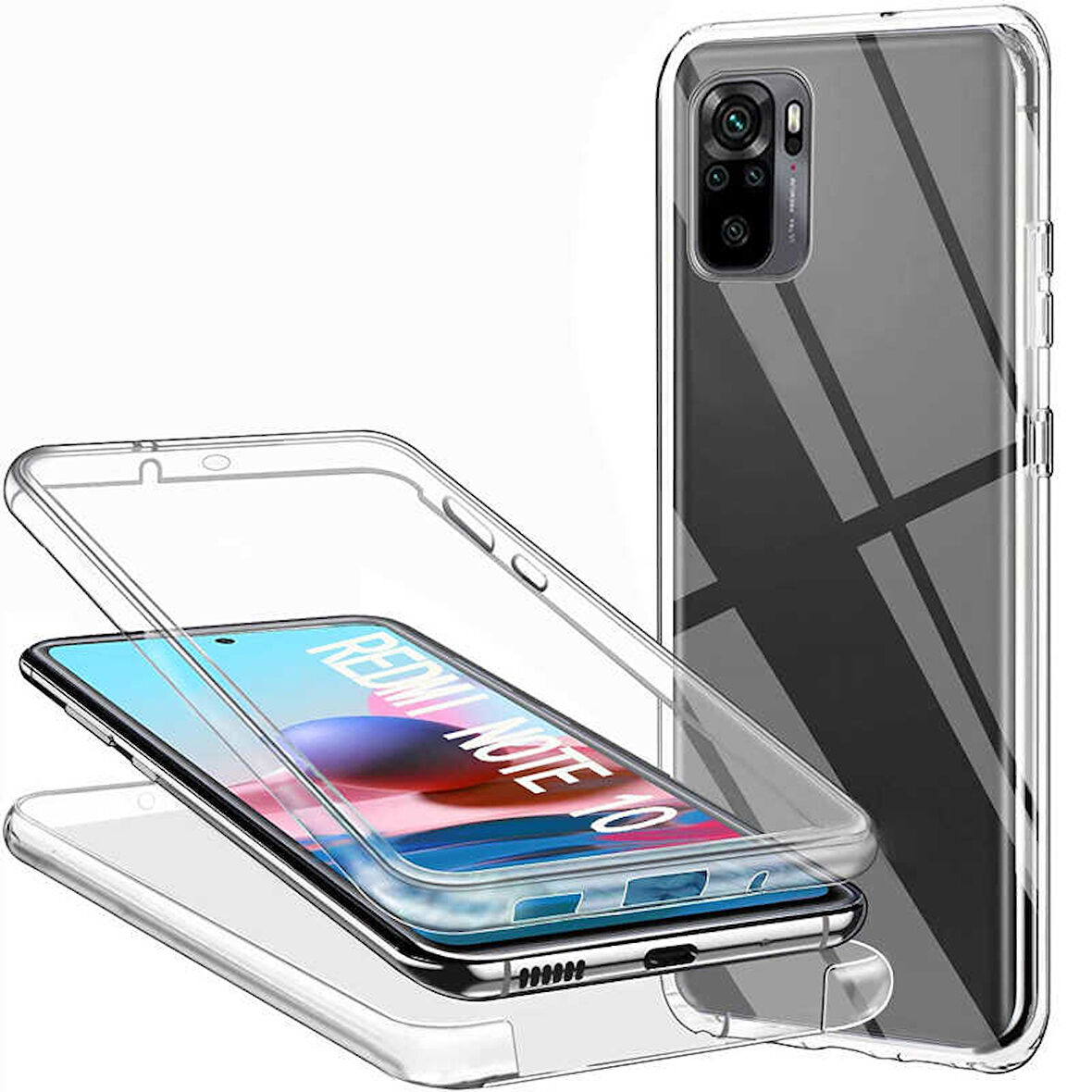 Xiaomi Redmi Note 10 Uyumlu Ön Arka 360 Tam Koruma Şeffaf Soft Silikon Kılıf