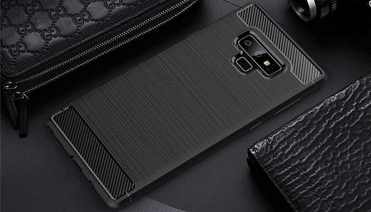 Samsung Galaxy Note 9 ile Uyumlu Kamera Korumalı Darbe Önleyici Carbon Brushed Silikon Kılıf