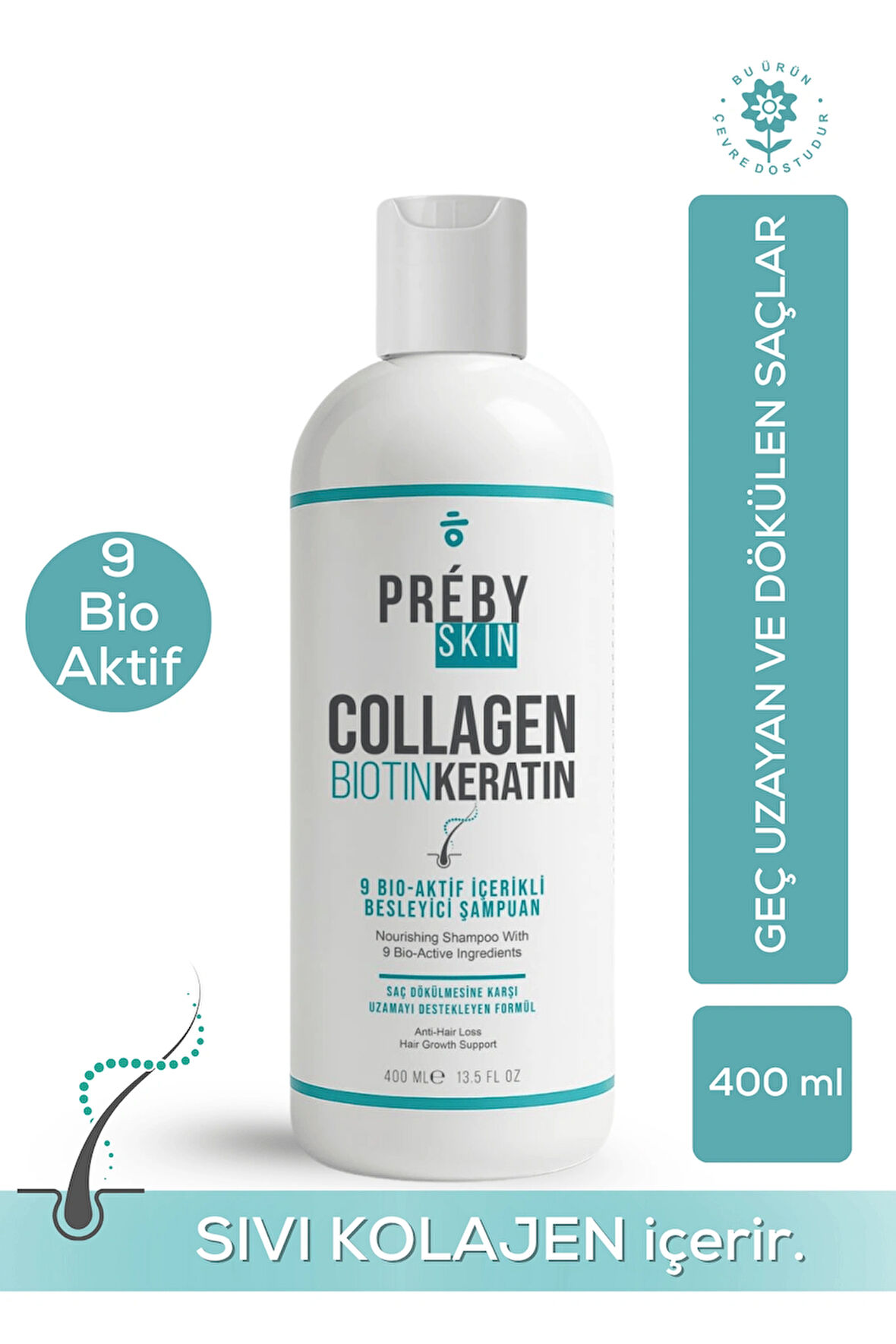 Kolajen, Biotin ve Keratin Saç Dökülmesine Karşı 9 Bio Aktif İçeren Besleyici Şampuan