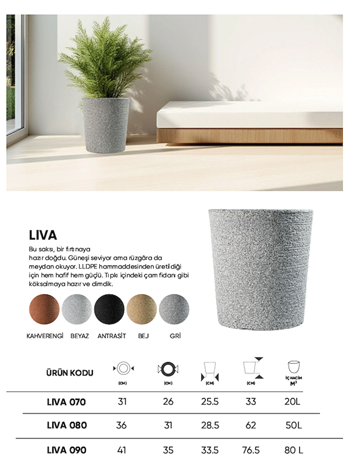 BOSTANN DEKORATİF SAKSI - LIVA 080 - 50L - GRİ