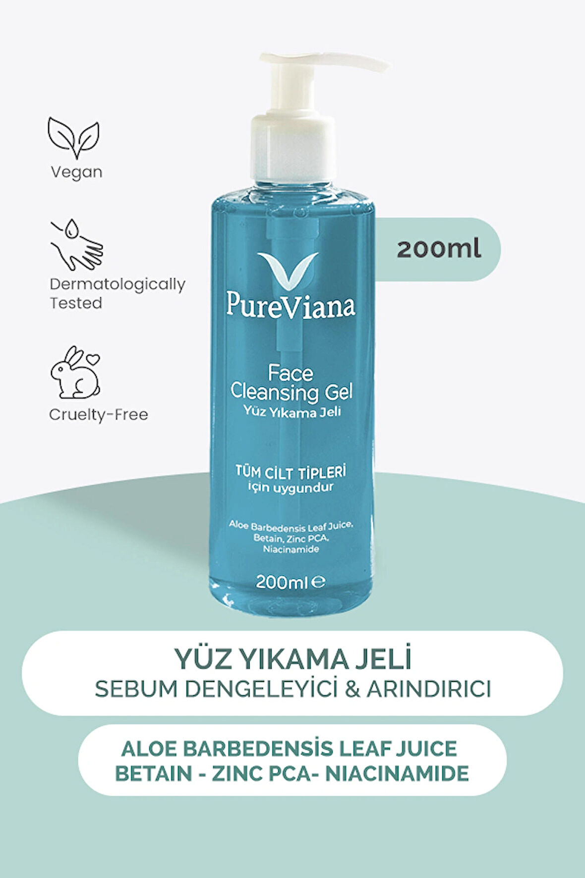 Yüz Temizleme Jeli 200ML – Aloe Vera + Niacinamide + Bha – Siyah Nokta & Akne Karşıtı, Gözenek Temizleyici