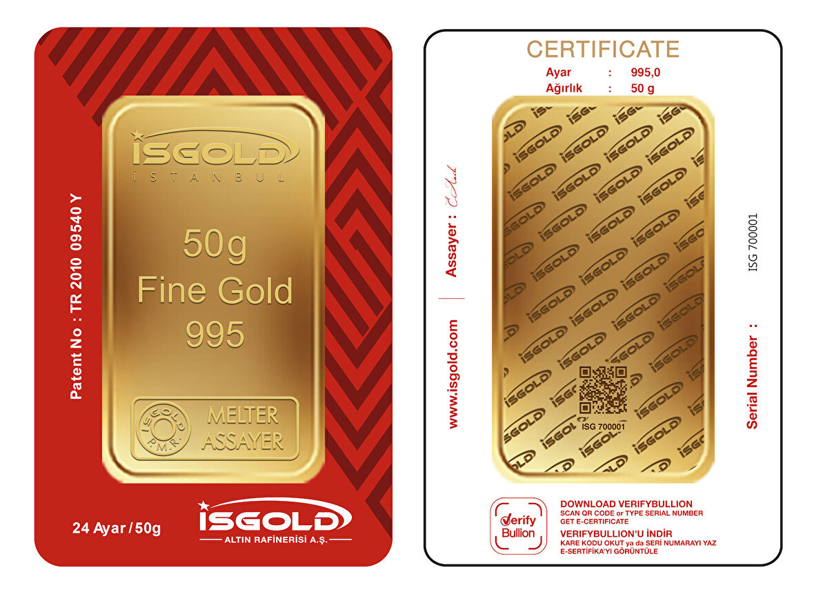 İsgold 50 Gram Altın 24 Ayar (0.995) Külçe Altın