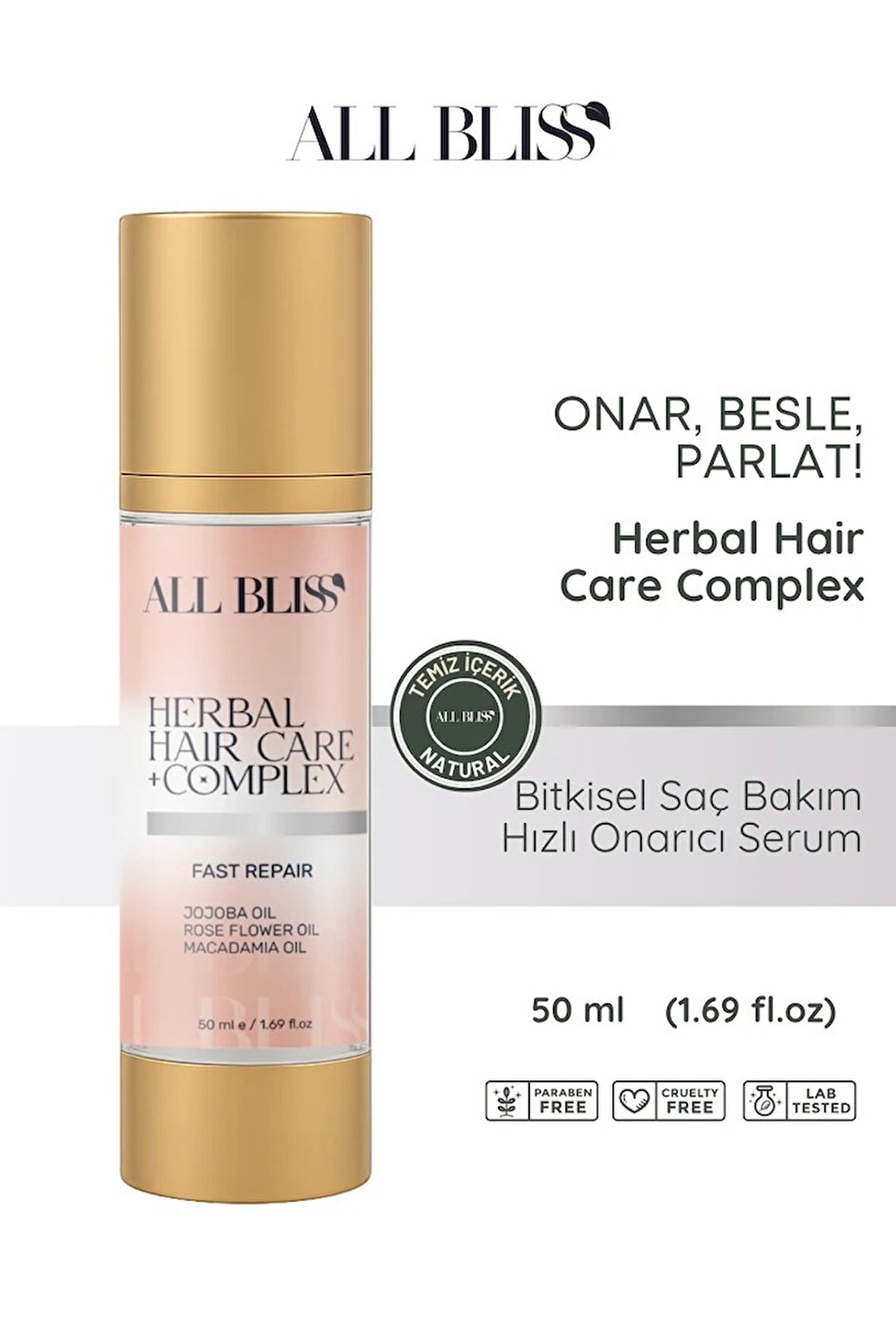 All Bliss Bitkisel Saç Bakım Serumu 50 ml – Yıpranmış Saçlar İçin Onarıcı ve Parlatıcı Bakım | Jojoba, Gül Yağı, Macadamia