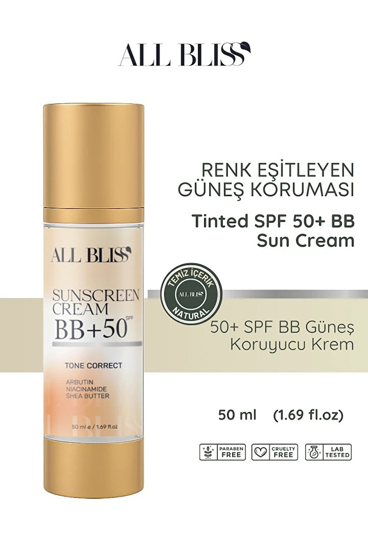 50+ SPF BB Güneş Kremi 50 ml – Renk Eşitleyici, Nemlendirici, Ton Dengeleyici 