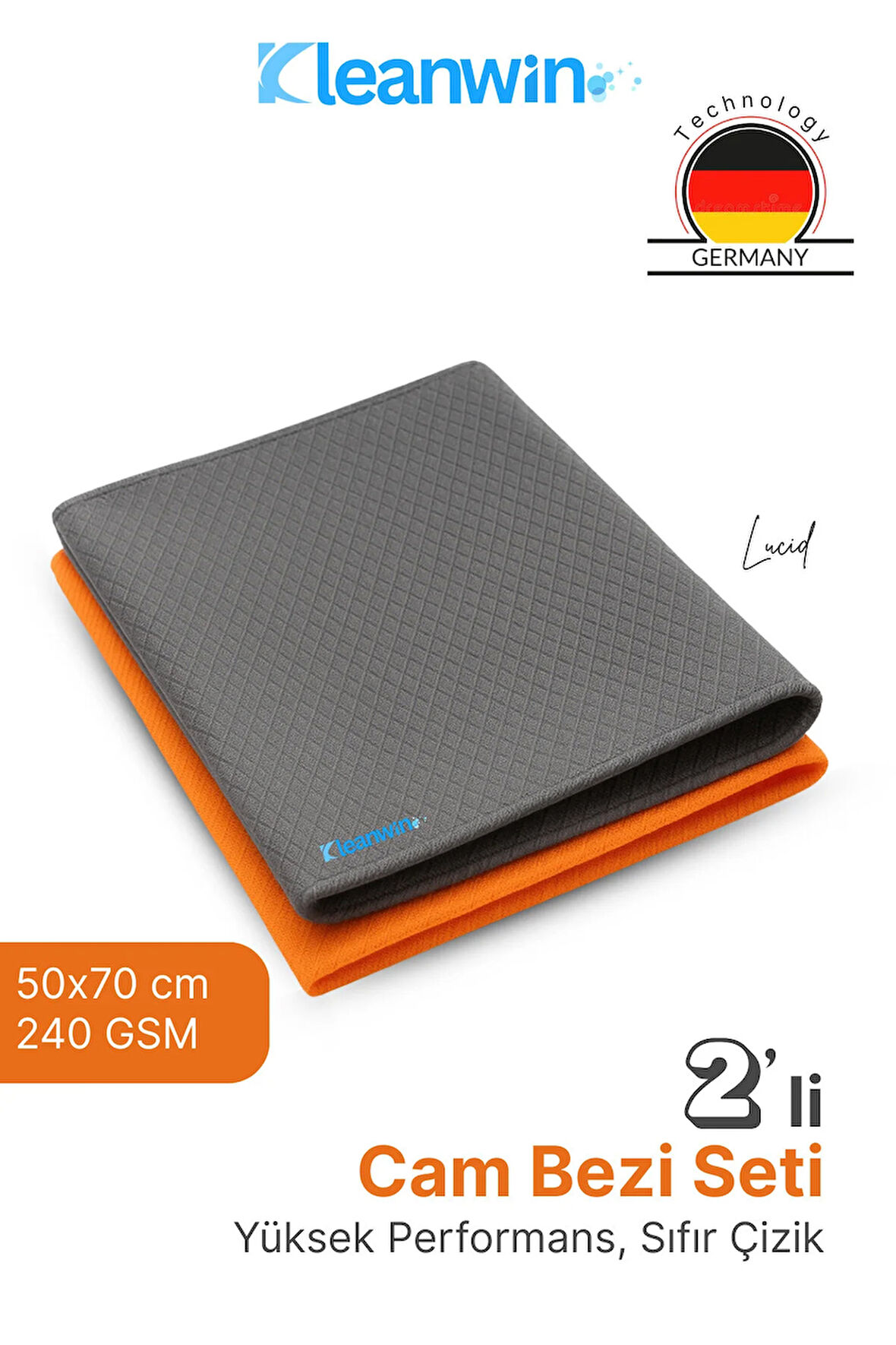 Lucid Mikrofiber Araba Cam Bezi 50x70 Cm 240 GSM – Turuncu & Gri – Cam Silme ve Kurulama Bezi