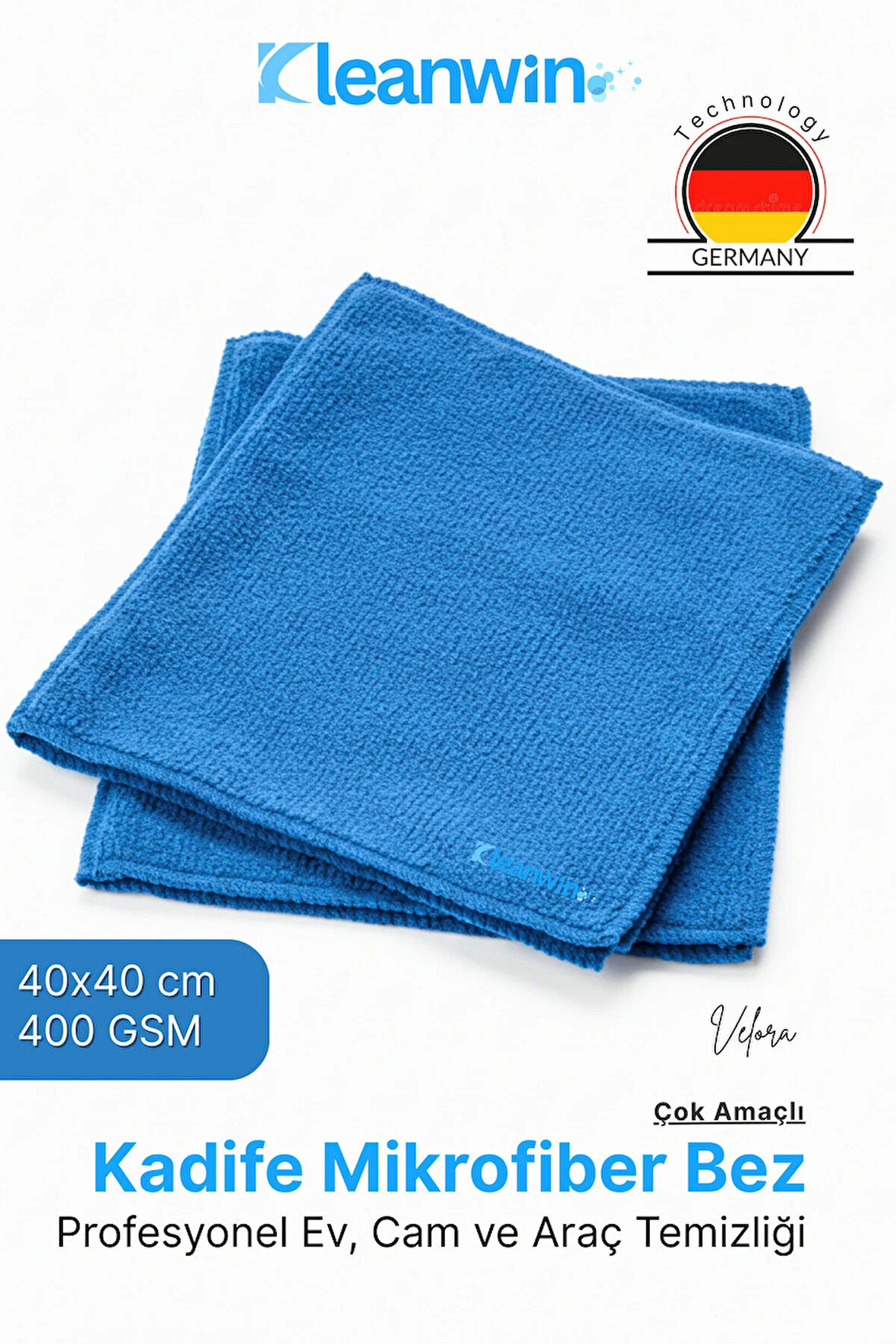 Velora Mavi Kadife Mikrofiber Bez 40x40Cm 400 GSM – Ev, Mutfak ve Araç Çok Amaçlı Temizlik Bezi