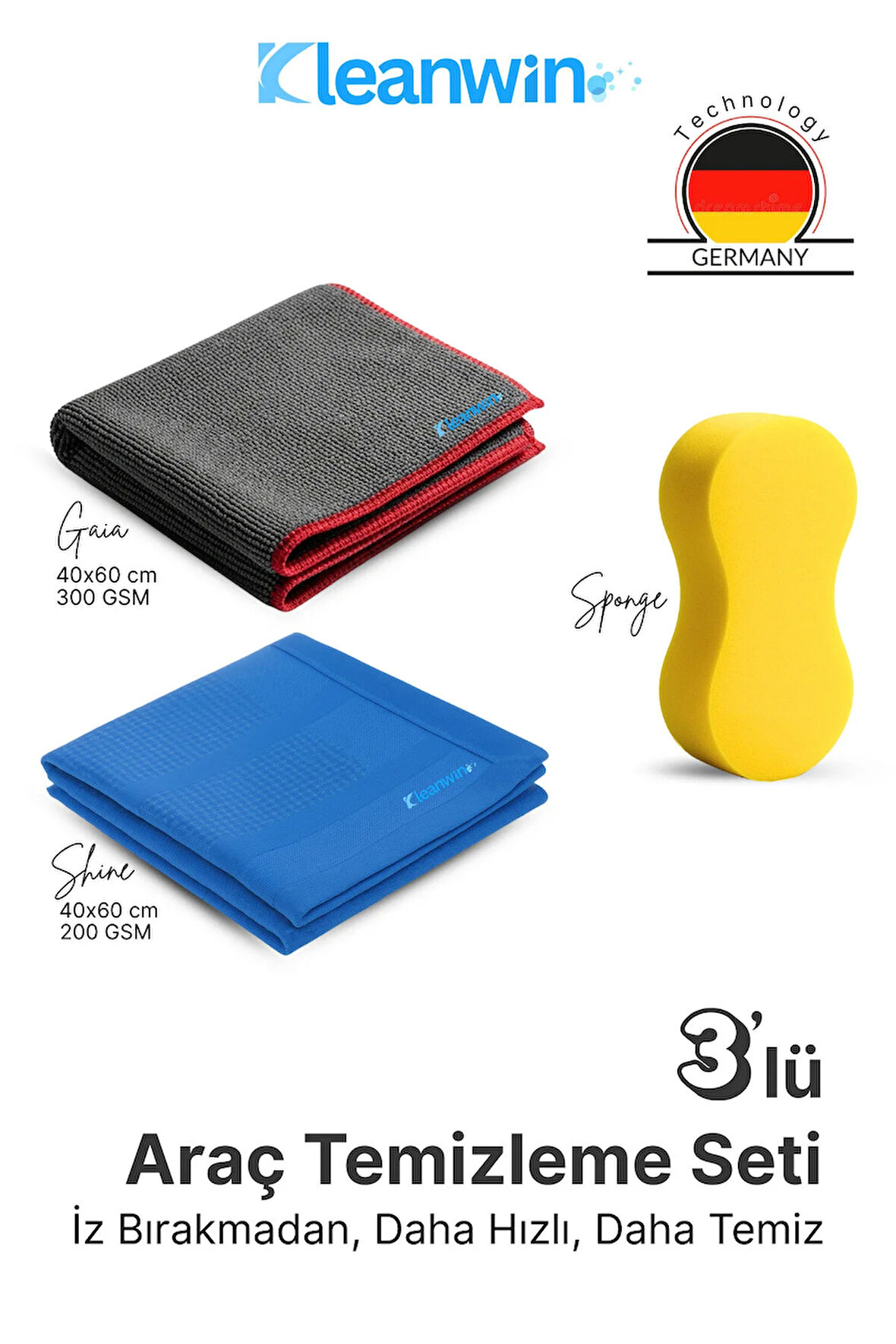 3’lü Mikrofiber Oto Yıkama Araç Temizleme Seti – Sünger, Oto Kurulama Bezi ve Araba Cam Bezi