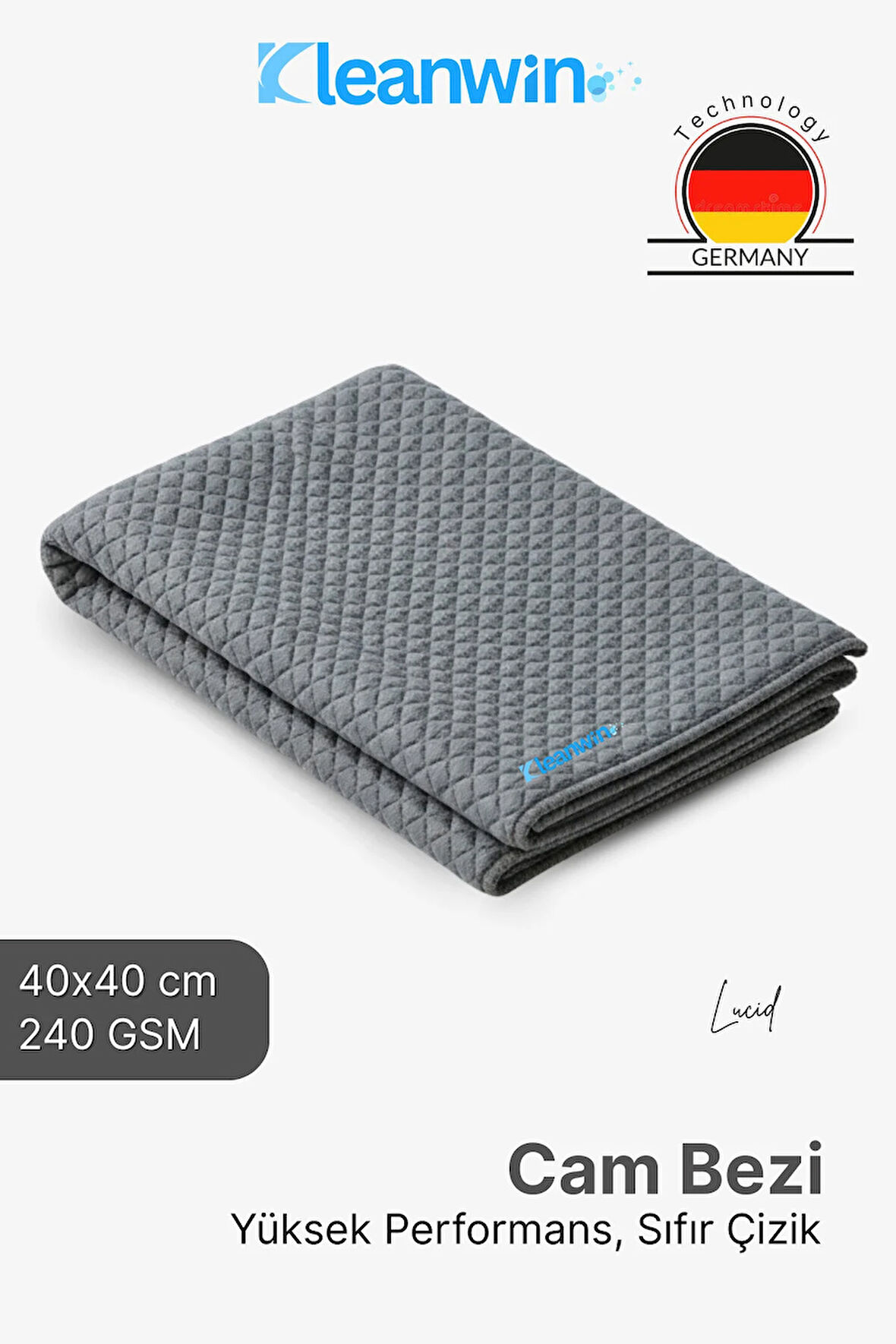 Lucid Mikrofiber Araba Cam Bezi 40x40 cm – Gri, İz Bırakmaz Cam Silme ve Kurulama Bezi