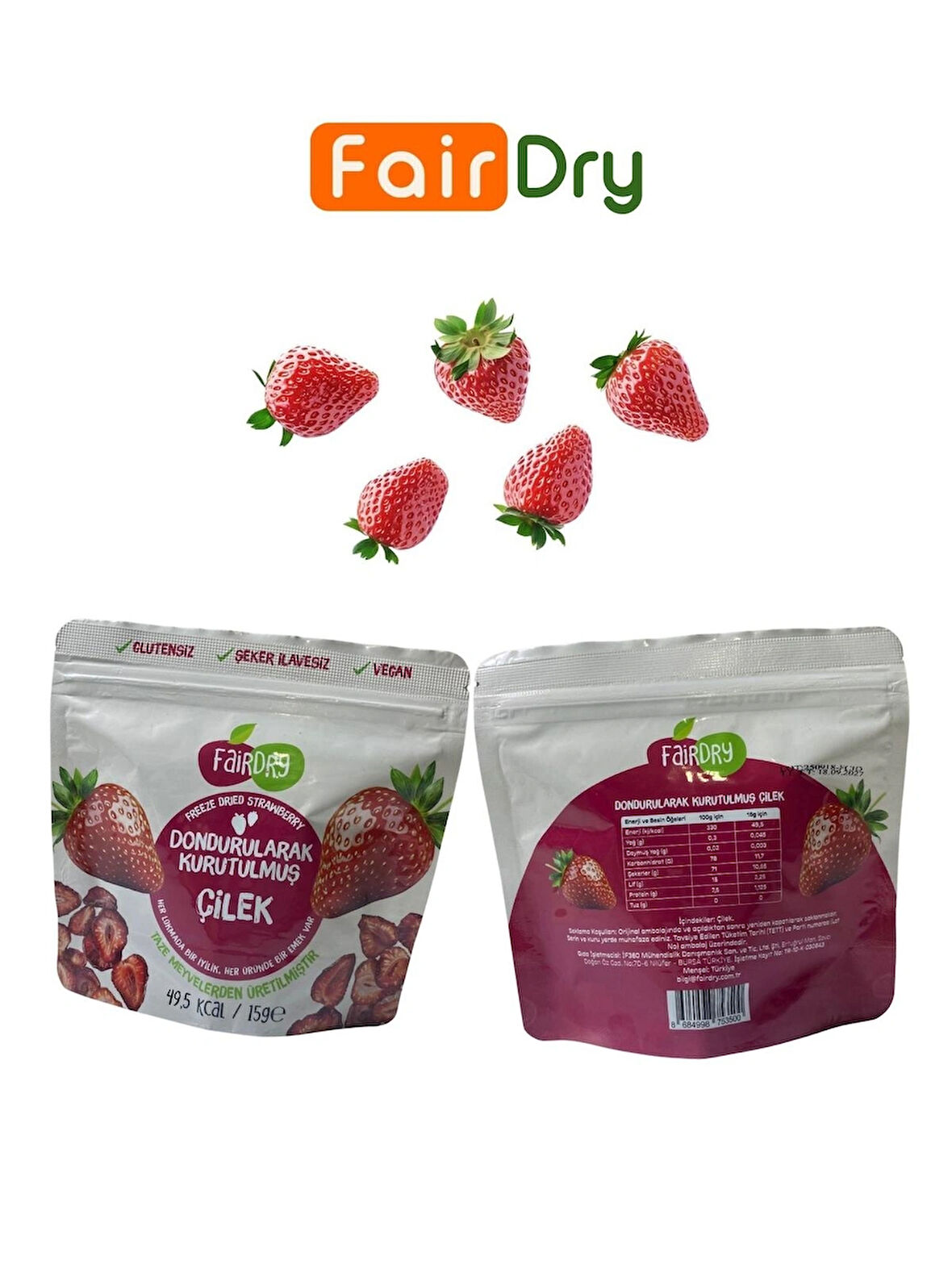 FairDry Çilek Dilim, Freeze Dried, Dondurularak Kurutulmuş, Meyve Kurusu, Katkısız, Çıtır Meyve Cipsi