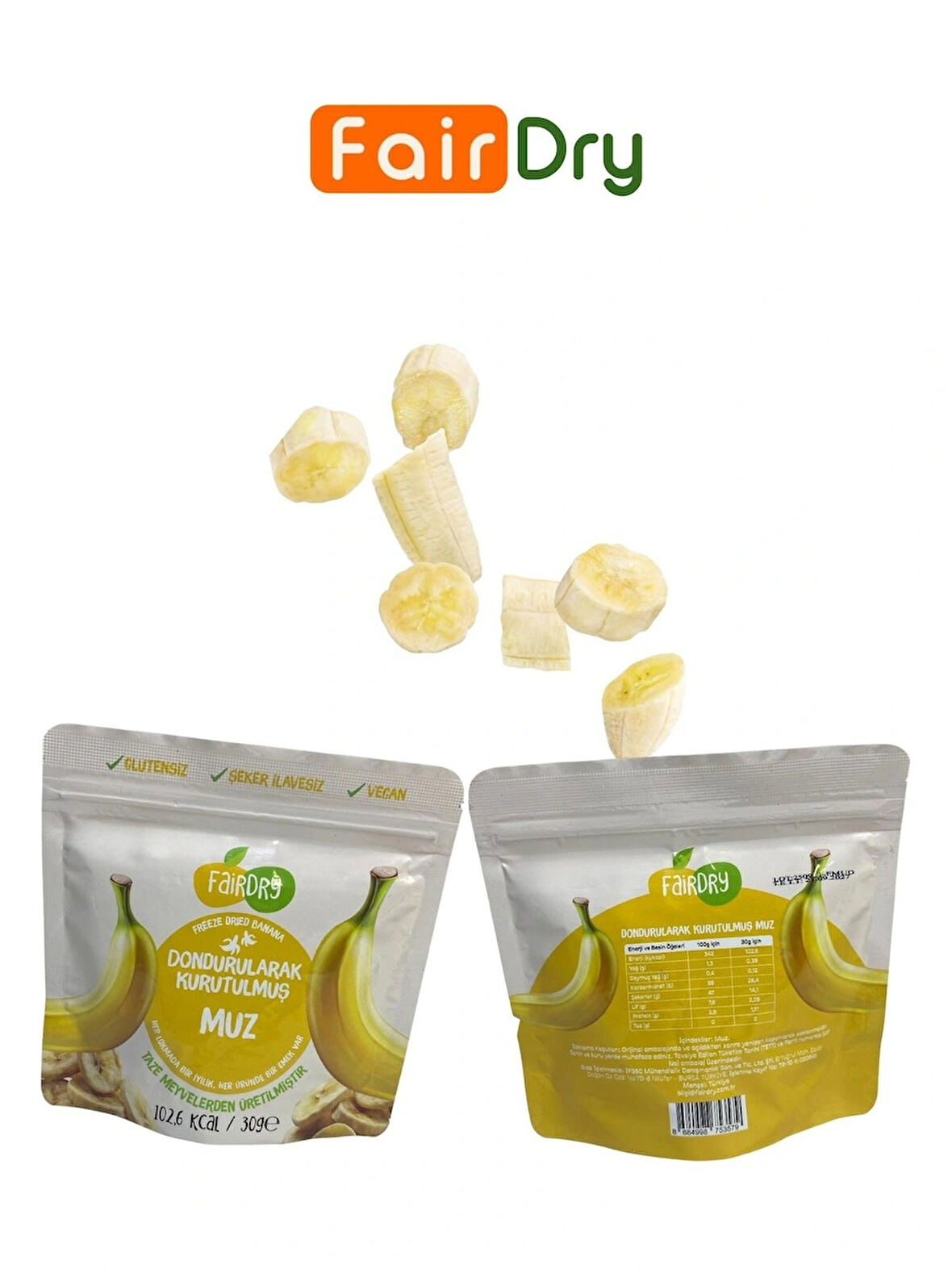 FairDry Muz Dilim, Freeze Dried, Dondurularak Kurutulmuş, Meyve Kurusu, Katkısız, Çıtır Meyve Cipsi