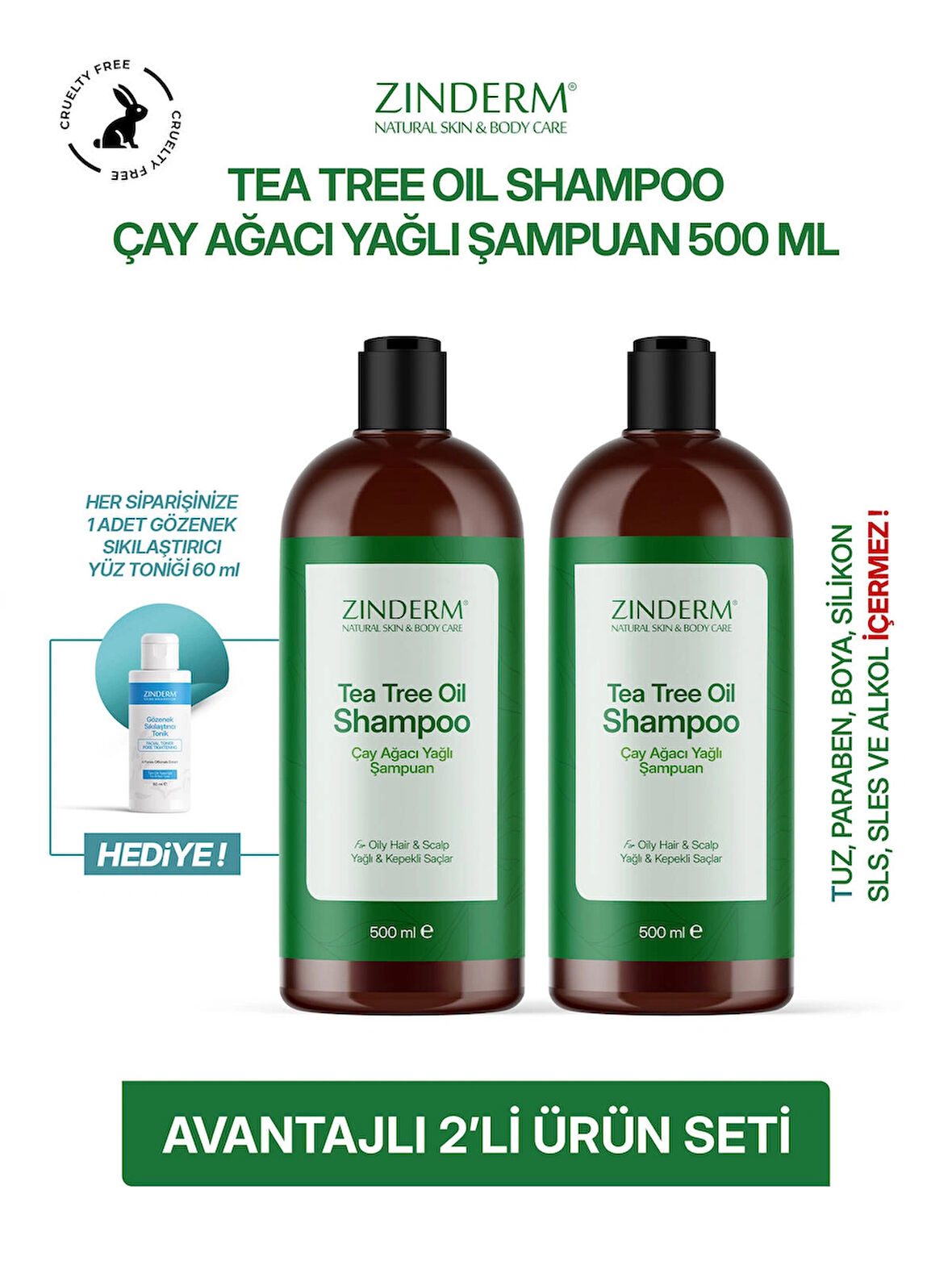 Zinderm Çay Ağacı Şampuanı - Arındırıcı ve Dengeleyici Tuzsuz Çay Ağacı Yağlı Şampuan (2 Adet x 500 ML)