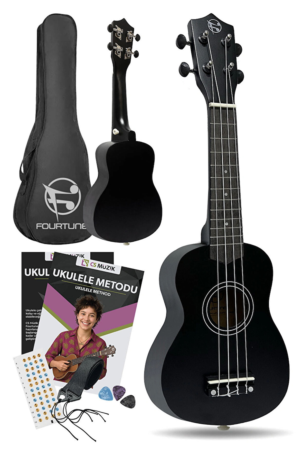 Fourtune Nova UKS-21BK Gül Ağacı Siyah Soprano Ukulele Seti