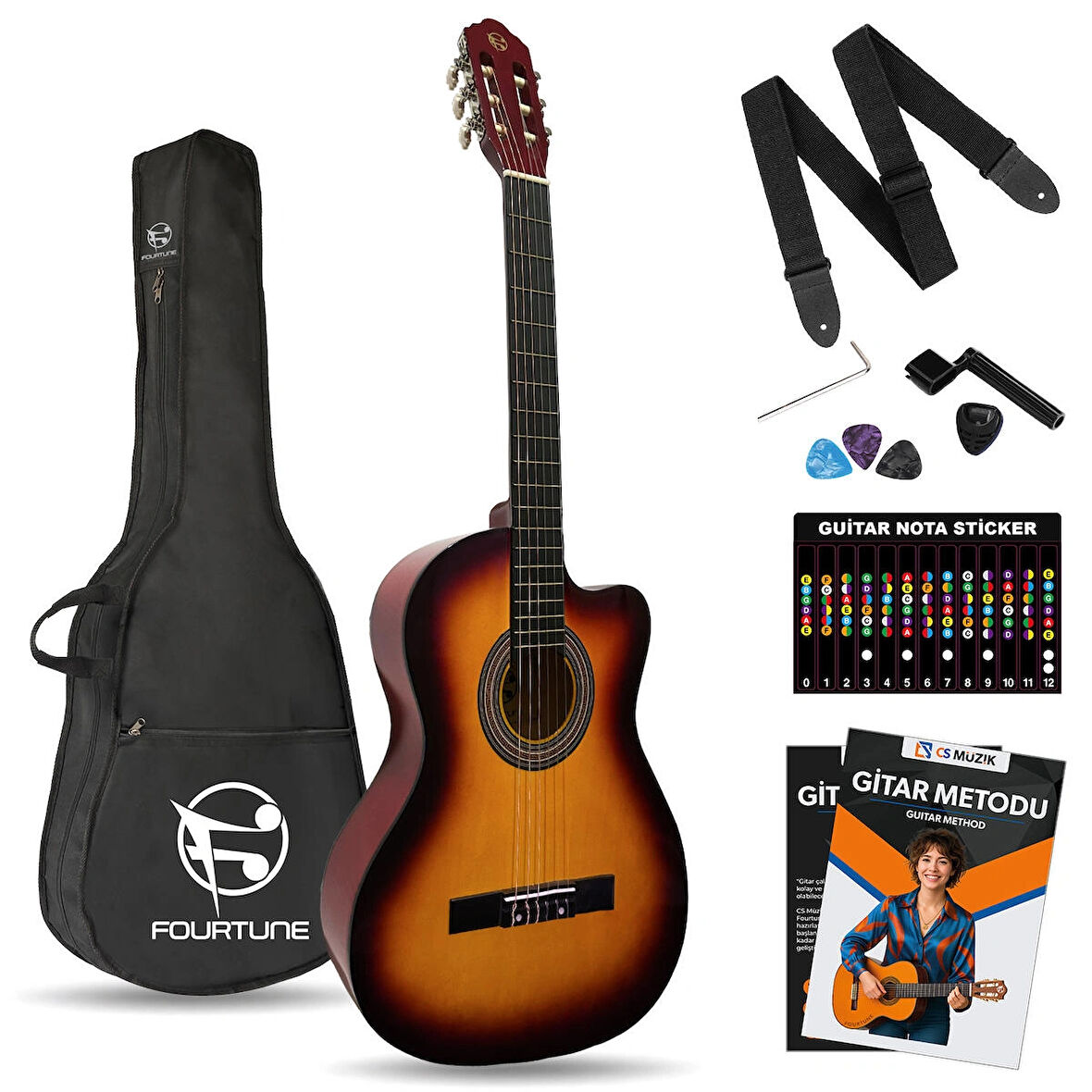 Fourtune Luca CW-200SB Sunburst Kesik Kasa Klasik Gitar Seti 4/4 Sap Ayarlı (Cutaway)