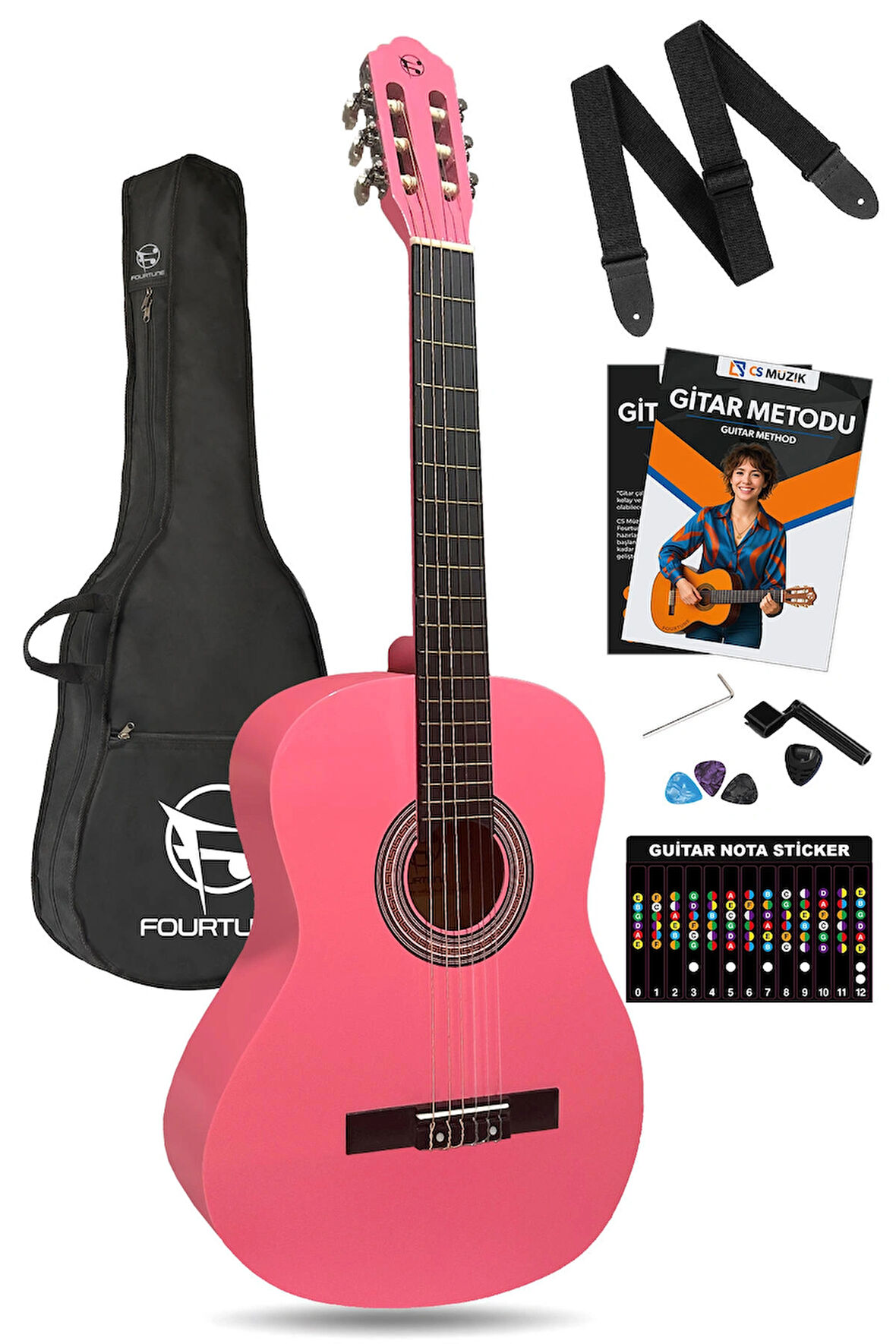 Fourtune Luca C-180PK Pembe Klasik Gitar Seti 4/4 Sap Ayarlı 
