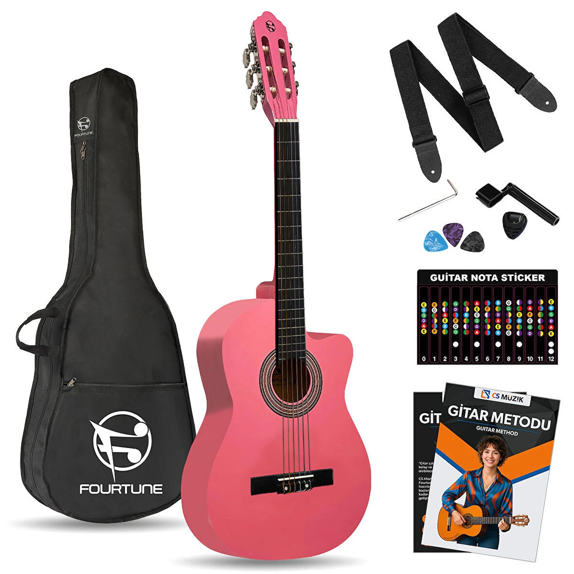 Fourtune Luca CW-200PK Pembe Kesik Kasa Klasik Gitar Seti 4/4 Sap Ayarlı (Cutaway)