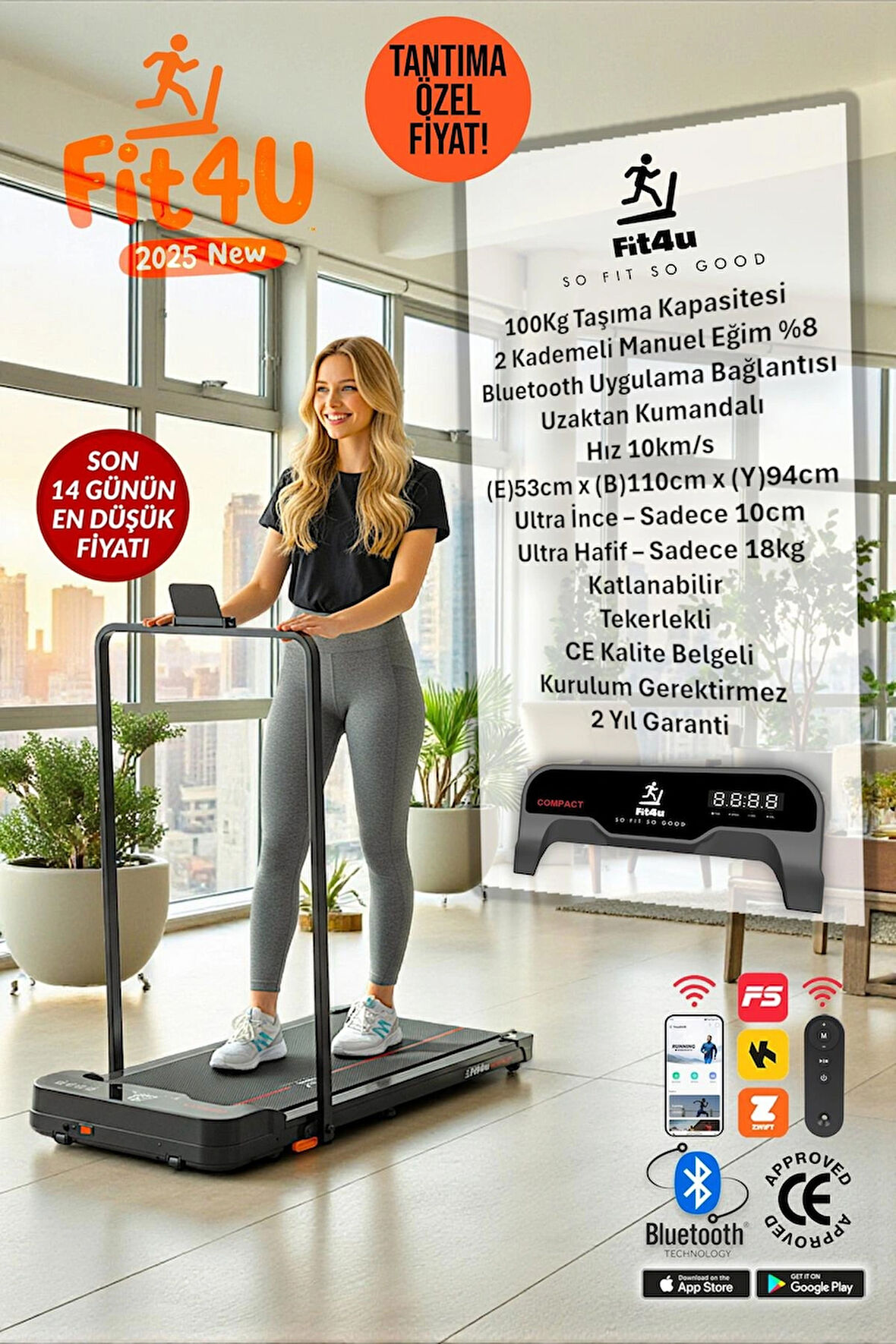 Adımsayar, Program, Bluetooth, CE Belgeli, Eğim Ayarlı, Kumandalı, 10km Hız, Katlanabilir Koşu Bandı