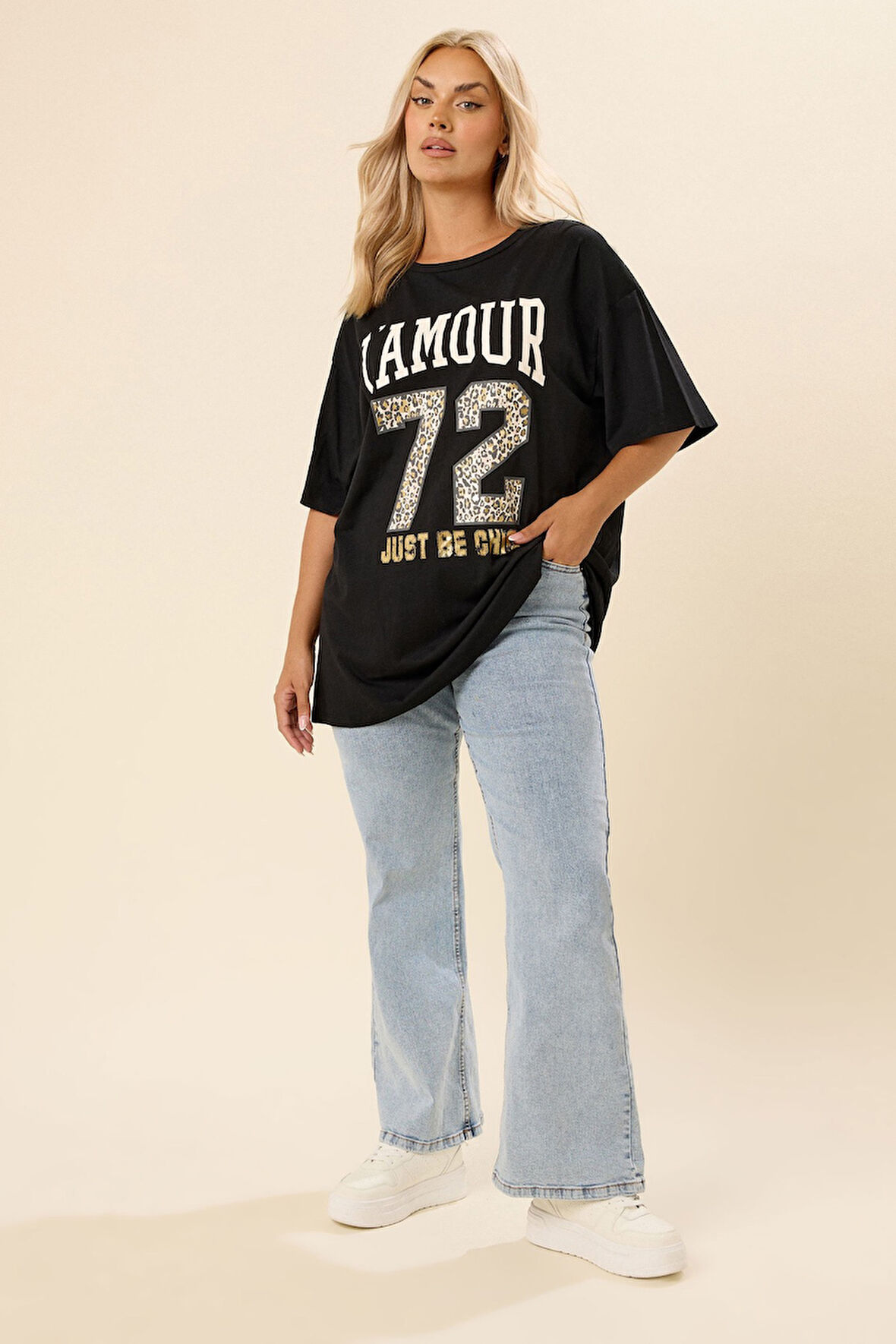 Büyük Beden Bisiket Yaka Kısa Kollu Yazı Baskılı T-shirt 304287