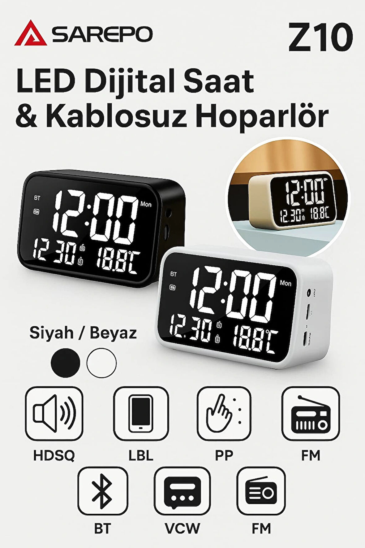 Sarepo Z10 LED Dijital Saat & Kablosuz Hoparlör | Bluetooth 5.0 | FM Radyo | Termometre