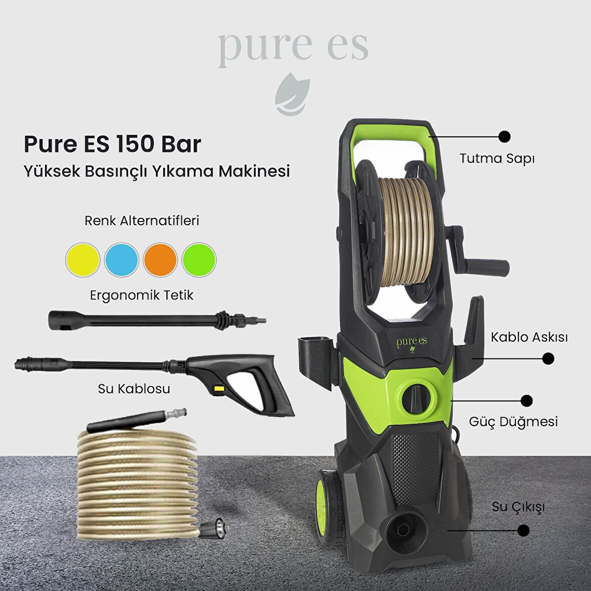 Pure ES 150 Bar Yüksek Basınçlı Yıkama Makinesi Siyah - Yeşil