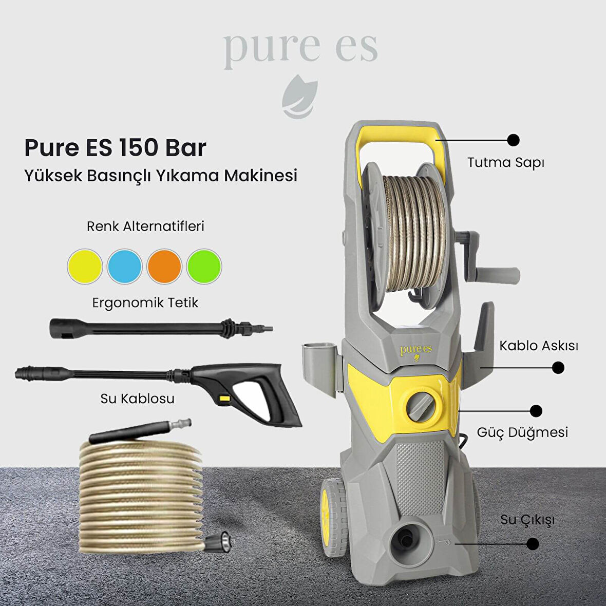 Pure ES 150 Bar Yüksek Basınçlı Yıkama Makinesi Gri - Sarı