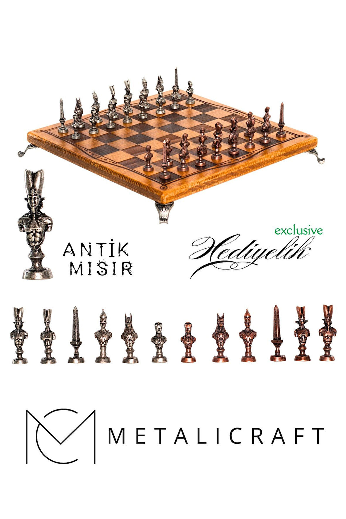 MC40 Antik Mısır Figürlü Metal Satranç Takımı - Lüks Hediyelik Satranç Takımı
