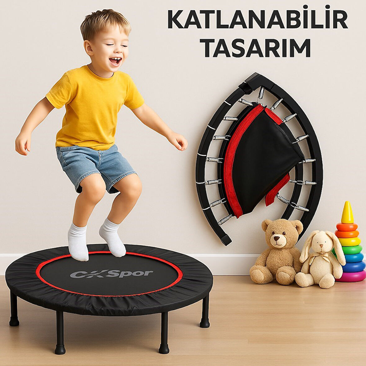 102CM Katlanabilir Trambolin – Taşınabilir Egzersiz Kırmızı Trambolini