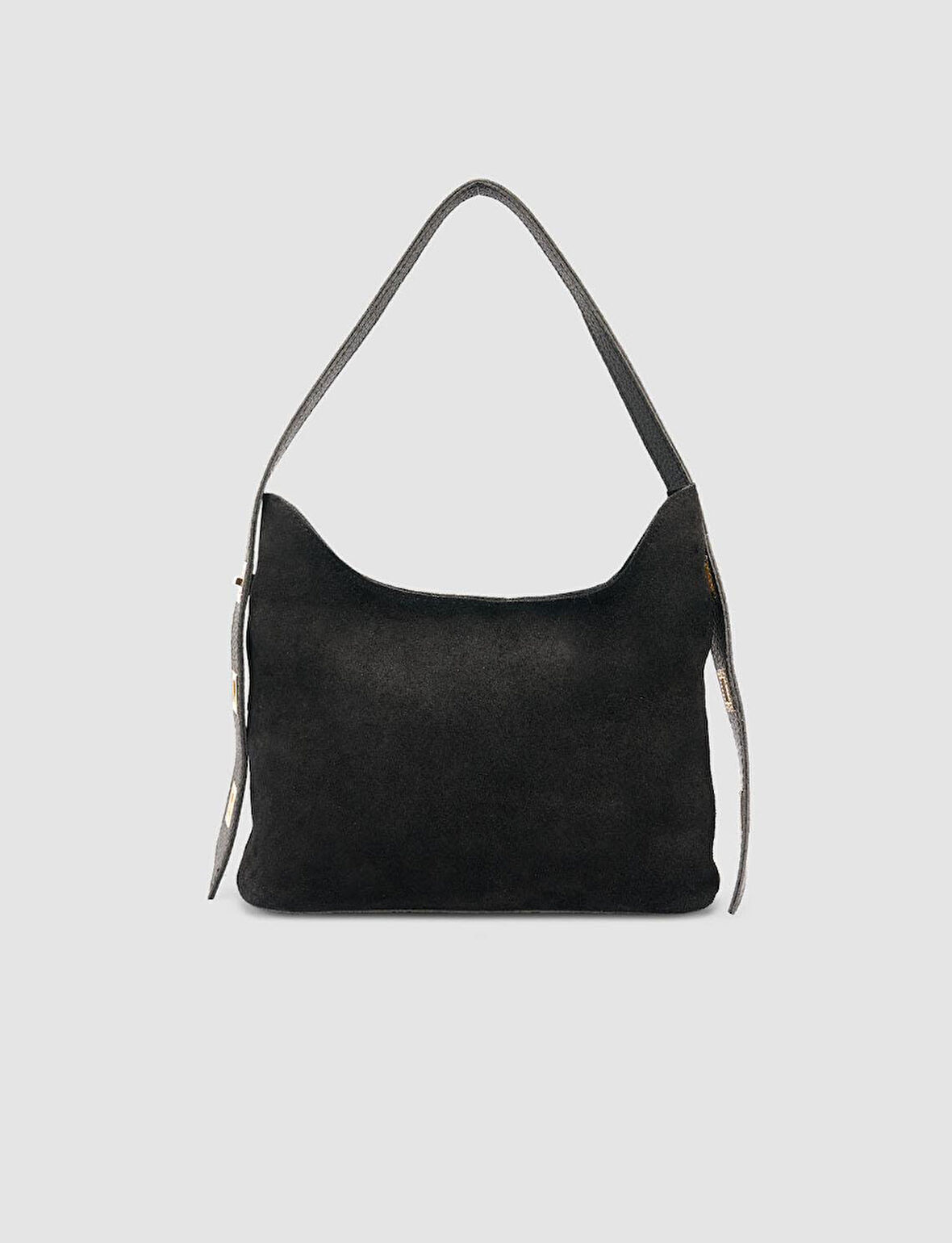  %100 Süet Deri Kemerli Siyah Kadın Omuz Çantası