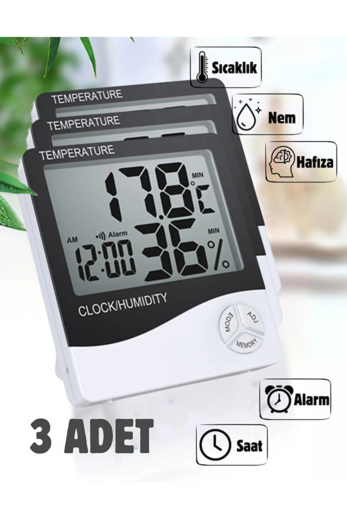 3 Adet Dijital Termometre Sıcaklık Ve Nem Ölçer Masa Saati Alarm