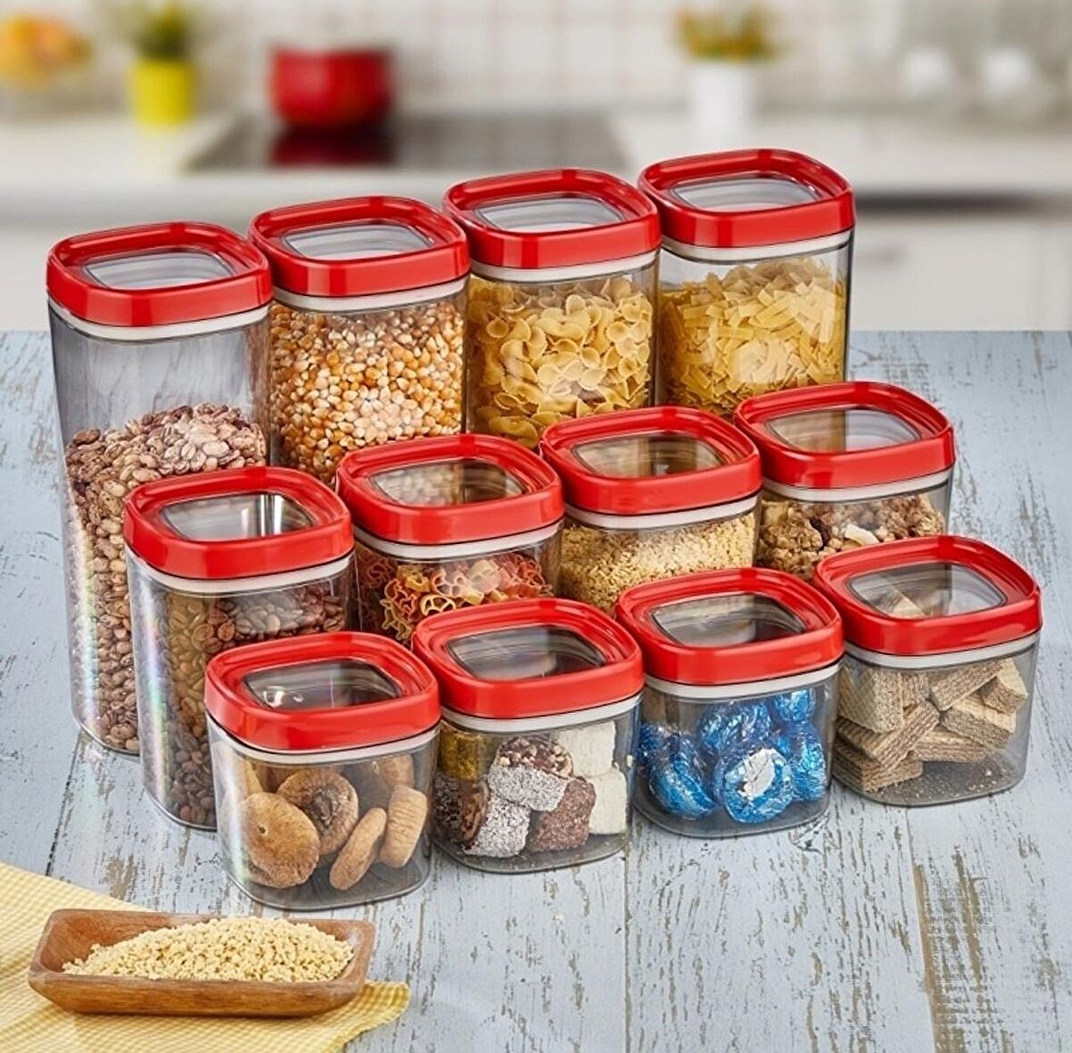 Mugiss Bonny Erzak Saklama Kabı 12'li Set Kırmızı (4 Adet 1800ml & 4 Adet 1000ml & 4 Adet 600ml)