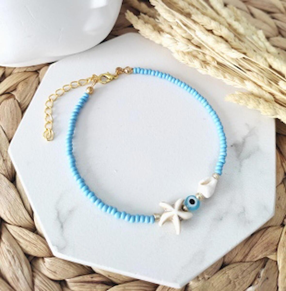 Kadın Mavi Boncuklu Deniz Kabuklu Halhal