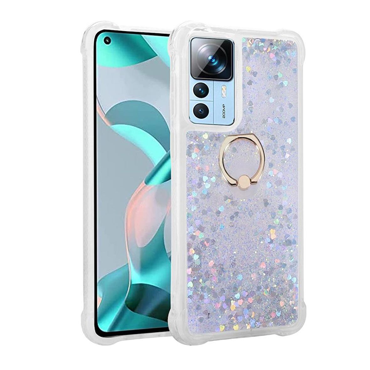 Xiaomi Mi 12T Pro Kılıf Sıvılı Simli Pullu Yüzüklü Standlı Lüx Silikon