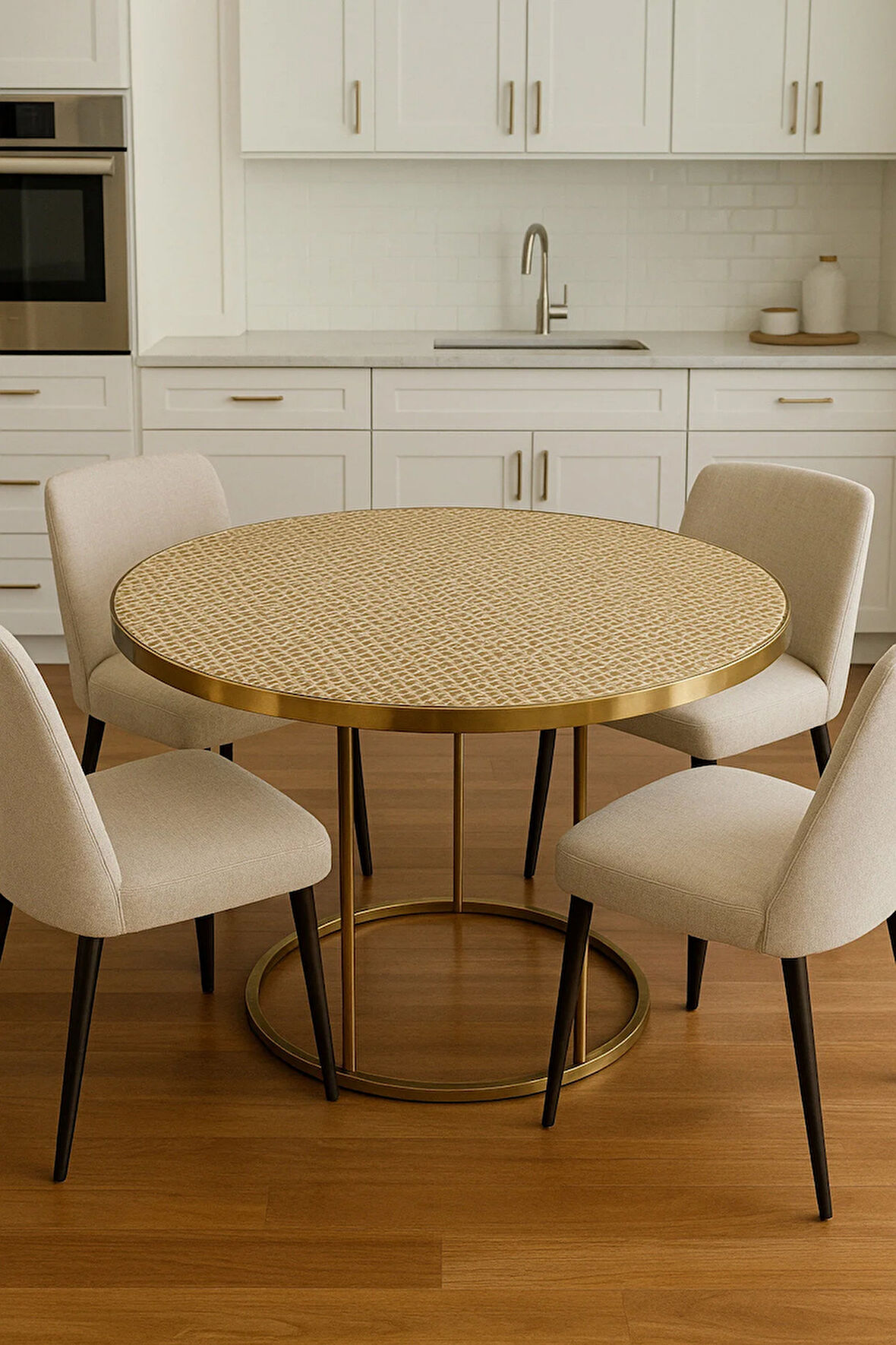 Yuvarlak Hasır Sehpa Örtüsü – PVC, Dantelli, Gold, Lüx, Çeyizlik Masa Örtüsü