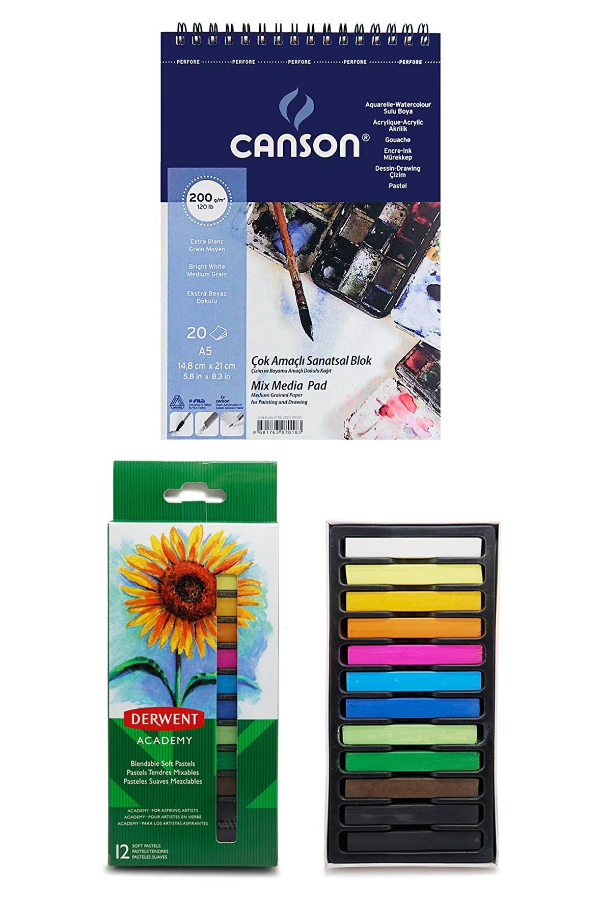 Canson Mix Media Pad Çok Amaçlı Resim Defteri A5 200gr 20 Sayfa Derwent Academy Soft Pastel 12 Renk