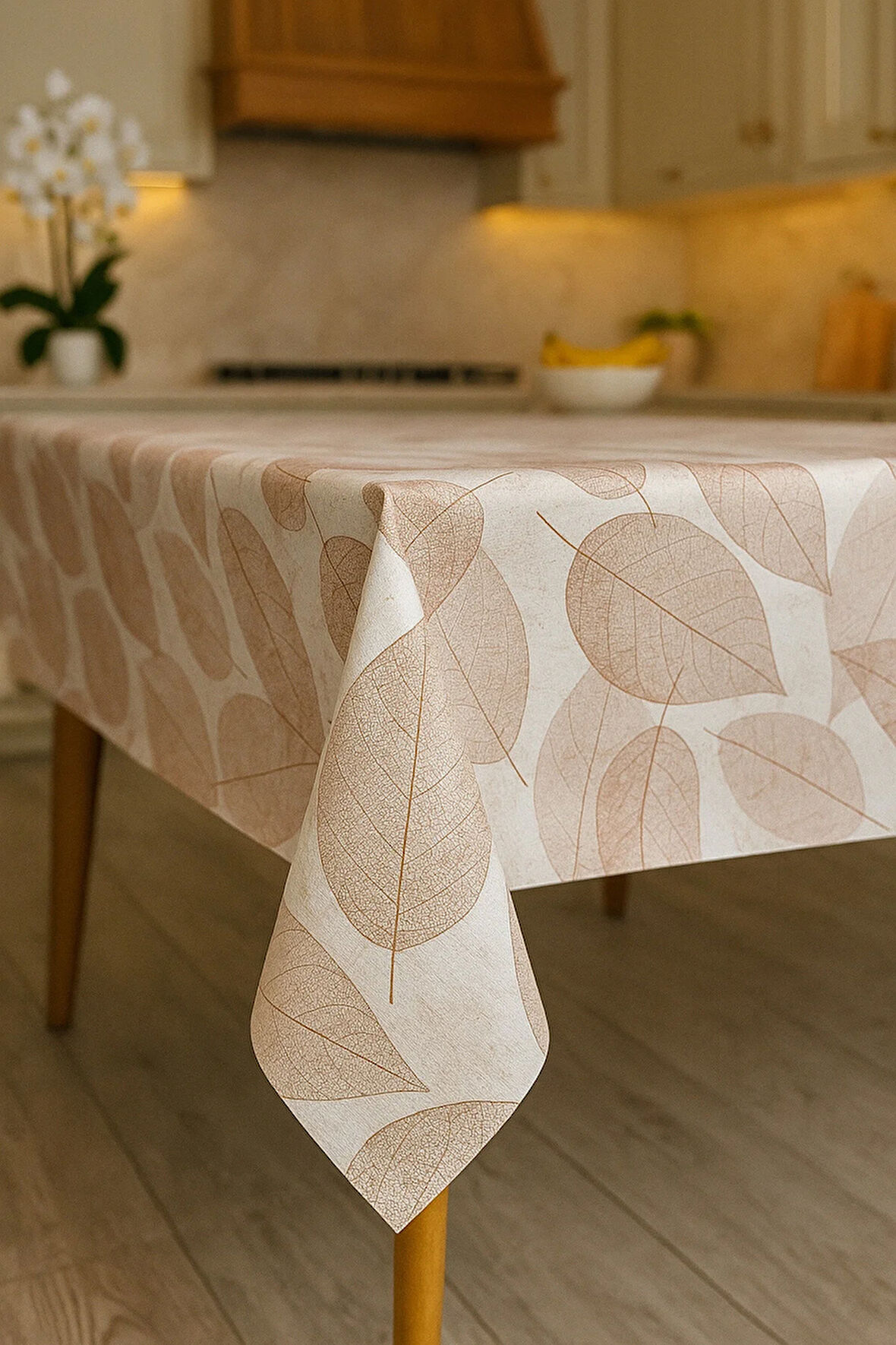Yaprak Desenli Pvc Kaymaz Elyaf Tabanlı Silinebilir Masa Örtüsü Su Geçirmez Muşamba Sofra Bezi Kahve