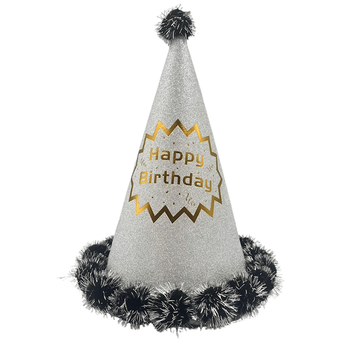 Ponponlu Happy Birthday Şapka - Makaron Gümüş, 23 cm