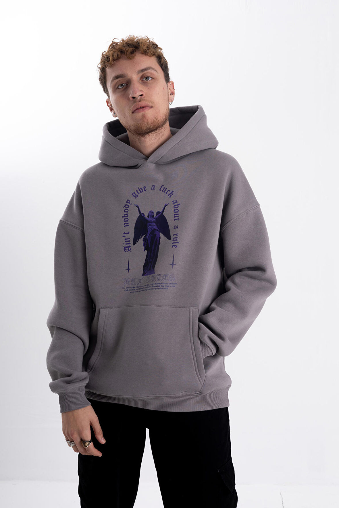 Unisex Mor Melek Baskı Kapşonlu Sweatshirt